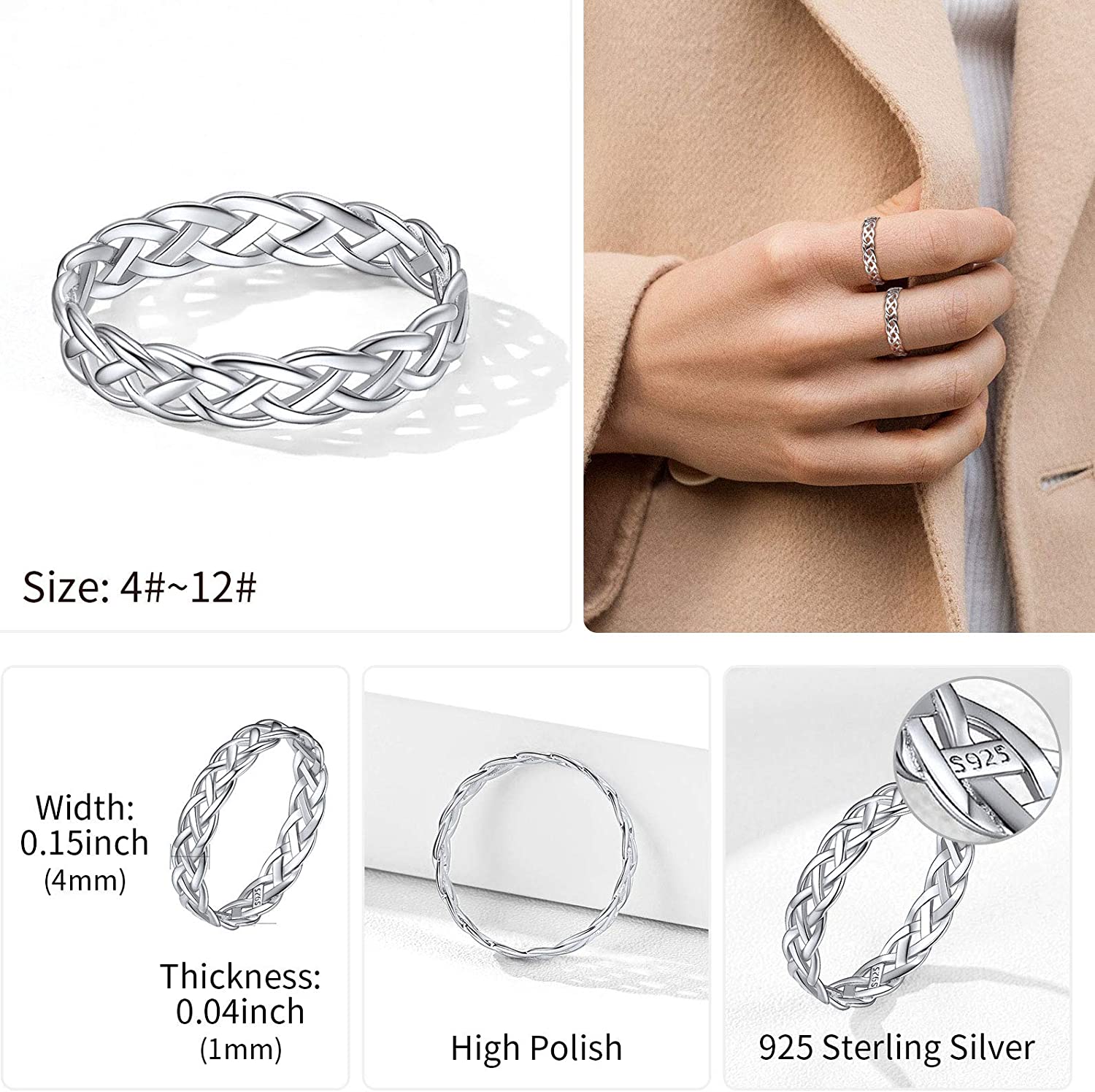 ChicSilver 925 Sterling Silver Ring for Women Men White Gold Plated 4mm Celtic Knot Wedding Band Eternity Ring Size 4-12