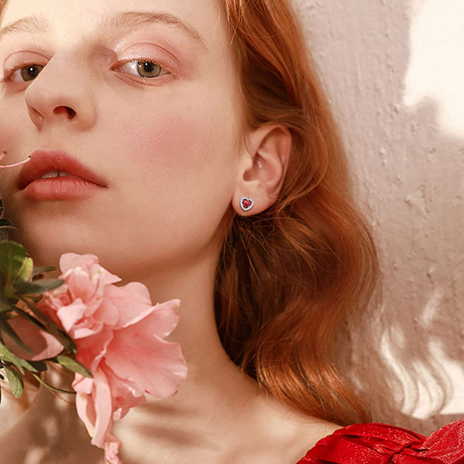 ChicSilver 925 Sterling Silver Birthstone Stud Earrings for Women Hypoallergenic Created Garnet Halo Heart Stud Earrings 5MM January Birthday Jewelry Gift