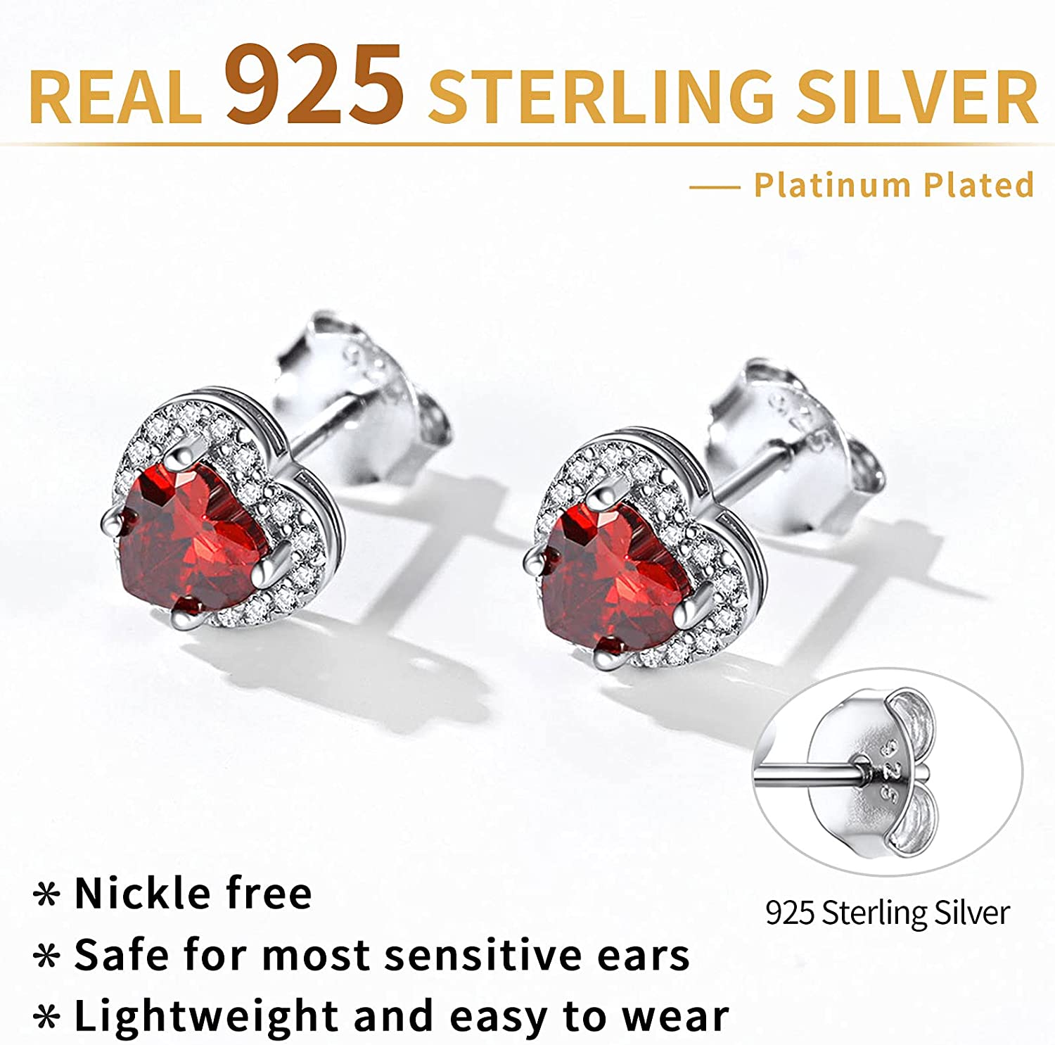 ChicSilver 925 Sterling Silver Birthstone Stud Earrings for Women Hypoallergenic Created Garnet Halo Heart Stud Earrings 5MM January Birthday Jewelry Gift