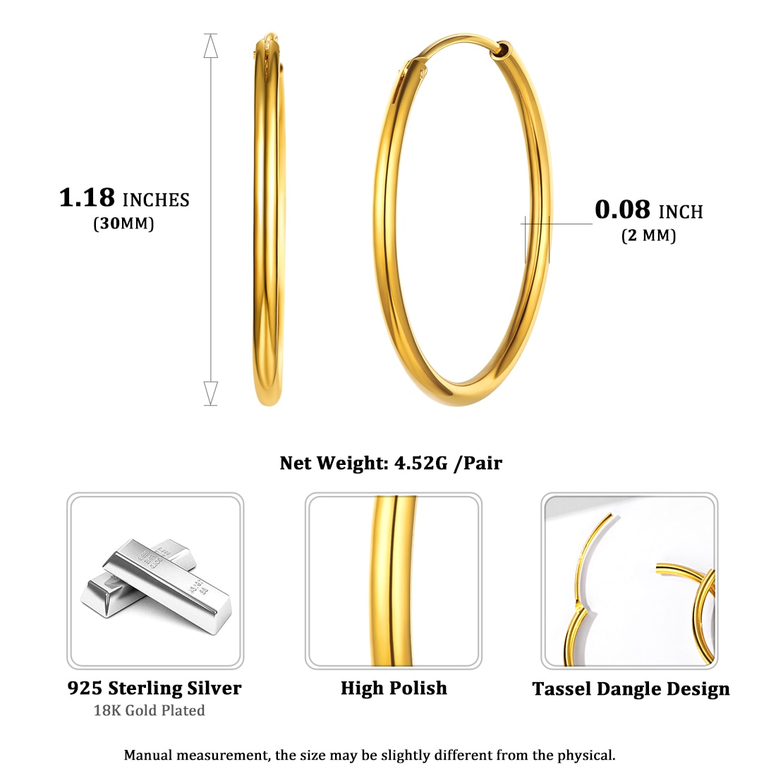 ChicSilver 925 Sterling Silver Small Hoop Earrings Circle Endless Huggie Hoops 15/20/30/50/70mm