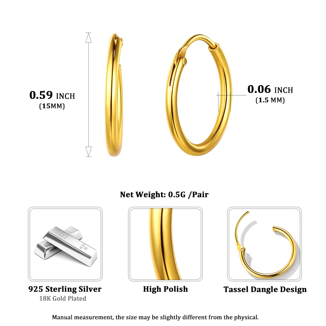 ChicSilver 925 Sterling Silver Small Hoop Earrings Circle Endless Huggie Hoops 15/20/30/50/70mm