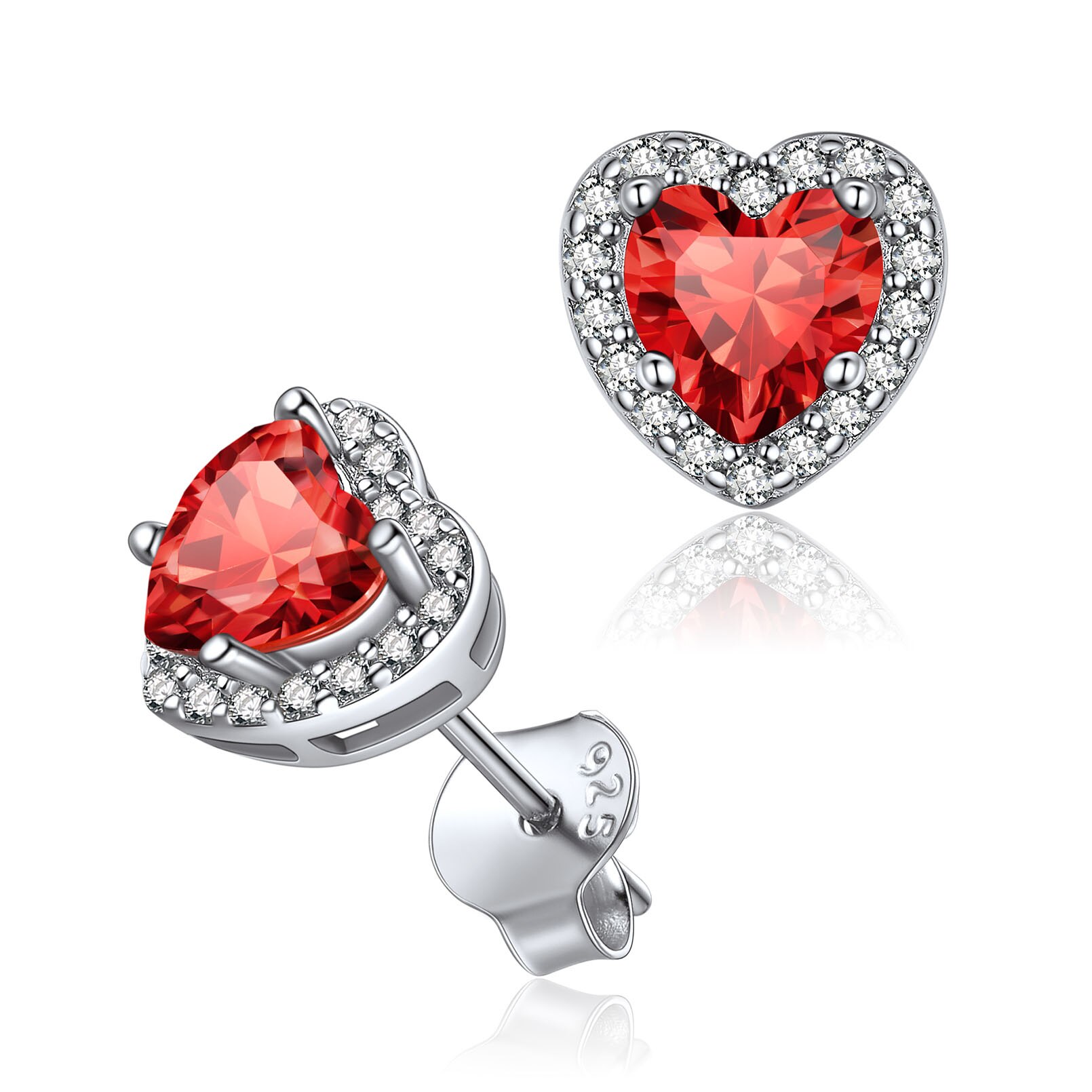 ChicSilver 925 Sterling Silver Birthstone Stud Earrings for Women Hypoallergenic Created Garnet Halo Heart Stud Earrings 5MM January Birthday Jewelry Gift