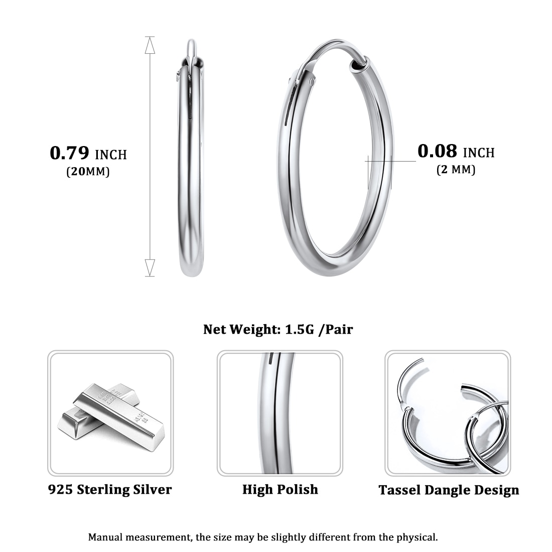 ChicSilver 925 Sterling Silver Small Hoop Earrings Circle Endless Huggie Hoops 15/20/30/50/70mm