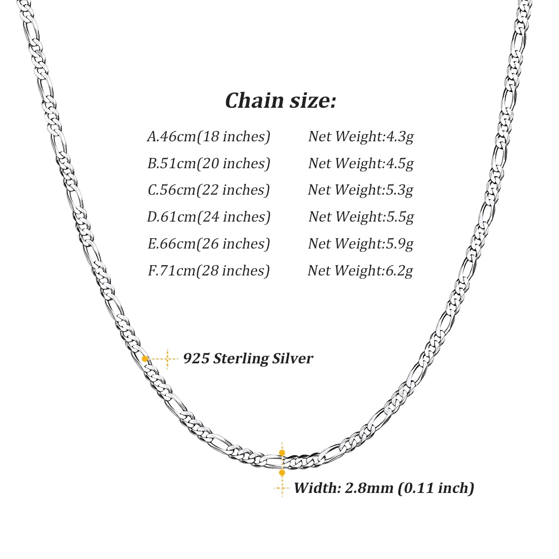 ChicSilver Women Mens Necklace Figaro Chain Necklace 2.8mm, Solid 925 Sterling Silver Figaro Link Chain Boys Jewellery 20 Inches