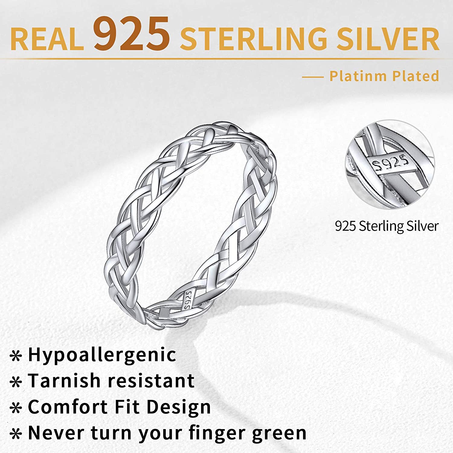 ChicSilver 925 Sterling Silver Ring for Women Men White Gold Plated 4mm Celtic Knot Wedding Band Eternity Ring Size 4-12