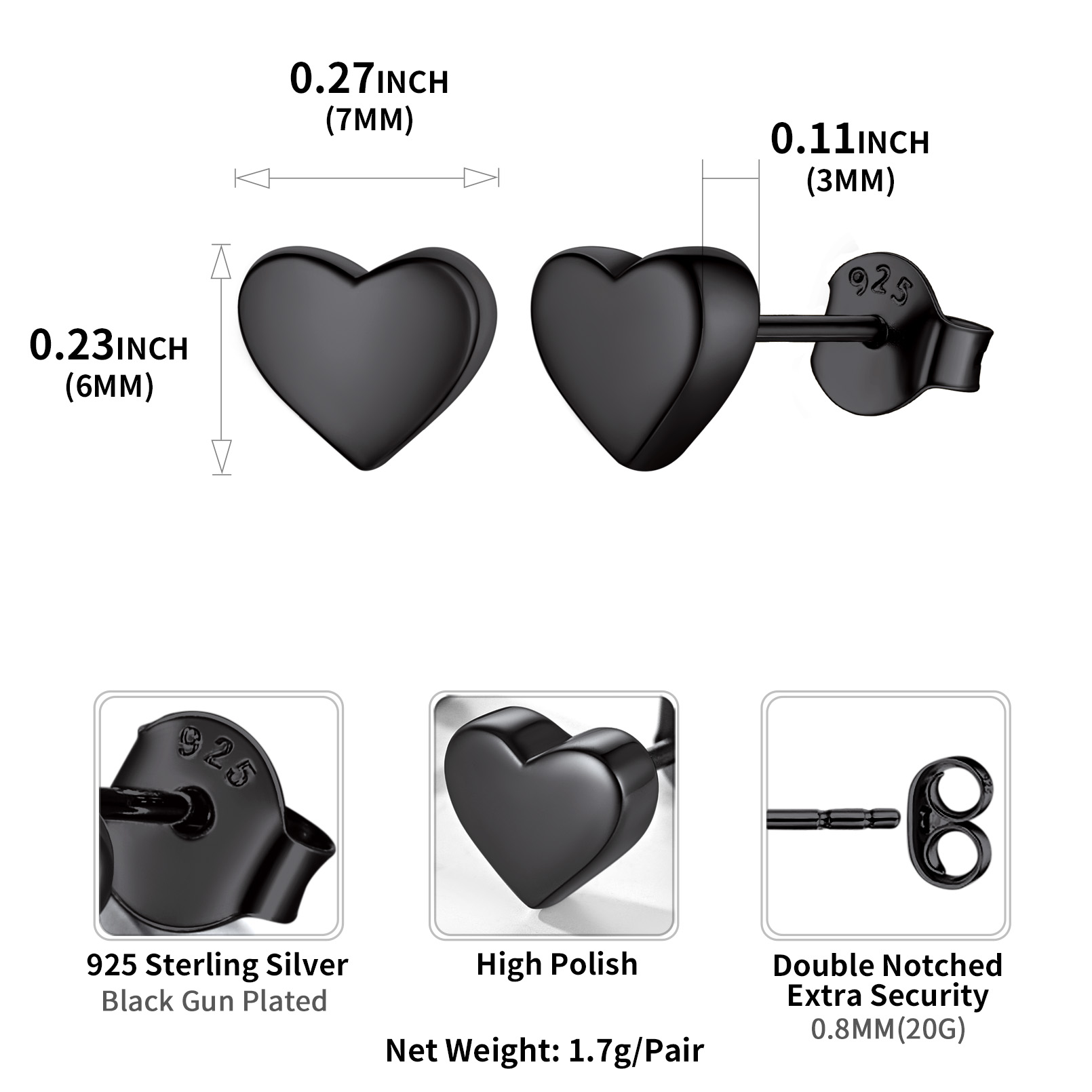 ChicSilver Heart Stud Earrings for Little Girls Hypoallergenic 925 Sterling Silver Women Jewelry Gift