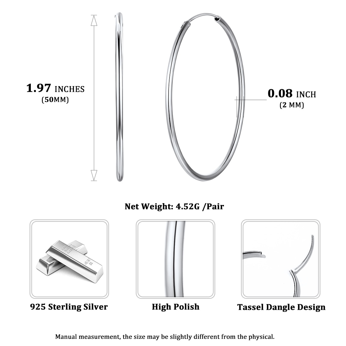 ChicSilver 925 Sterling Silver Small Hoop Earrings Circle Endless Huggie Hoops 15/20/30/50/70mm