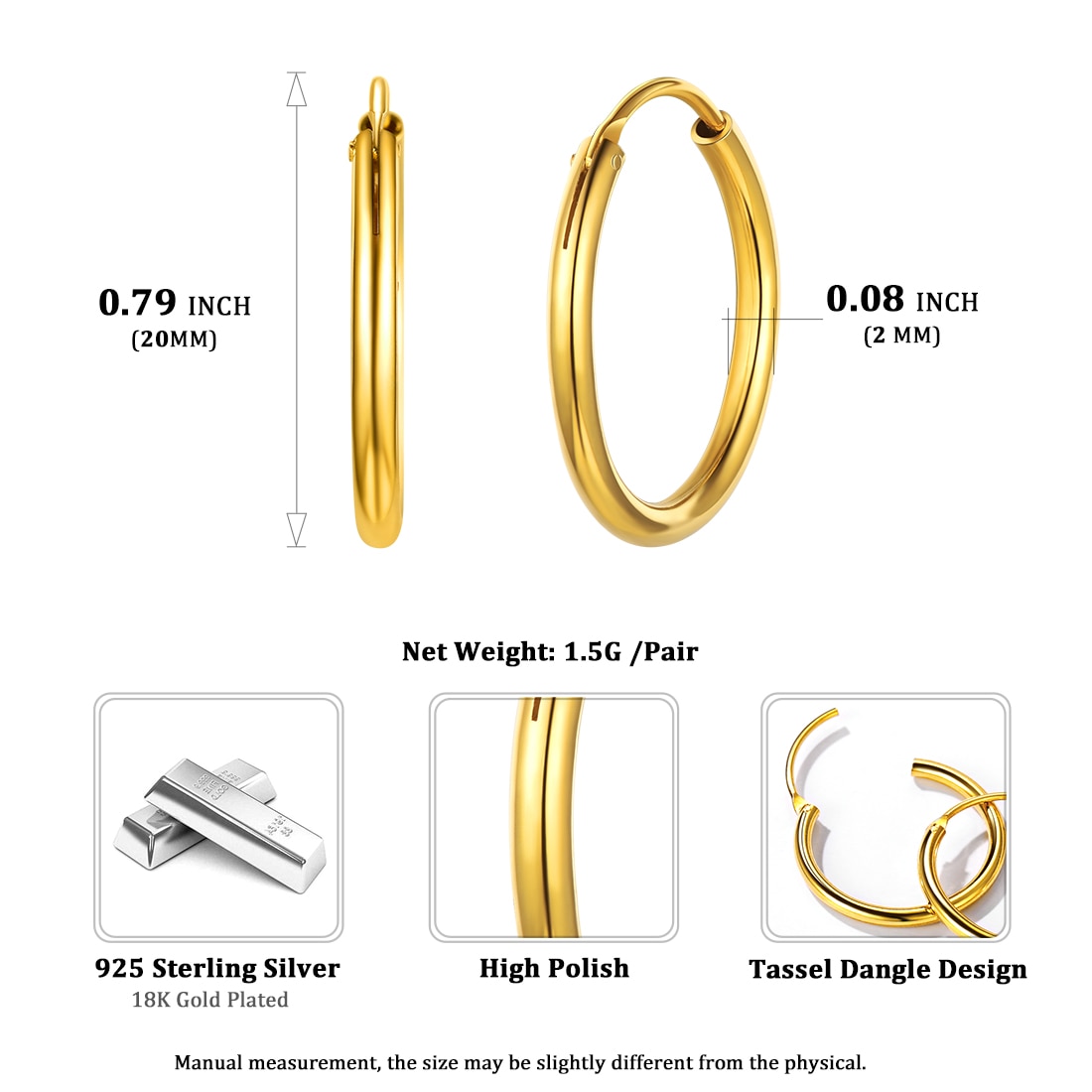 ChicSilver 925 Sterling Silver Small Hoop Earrings Circle Endless Huggie Hoops 15/20/30/50/70mm