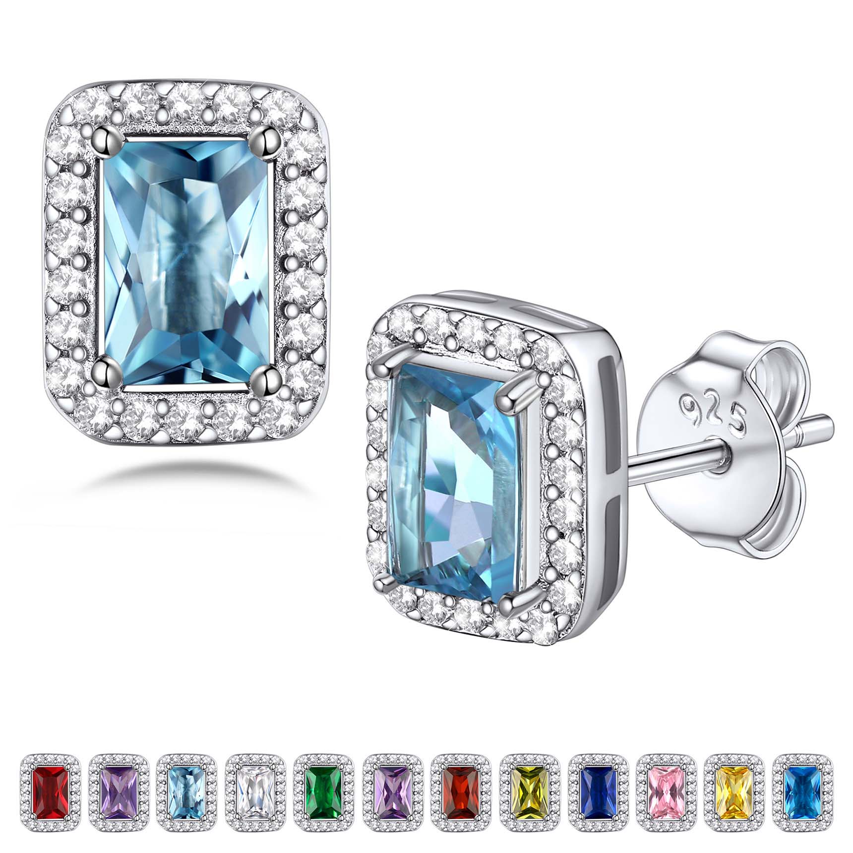Bestyle Girls Square Diamond Stud Earrings March Aquamarine Birthstone Earrings, Sterling Silver Earrings Birthday Jewelry Gift for Women