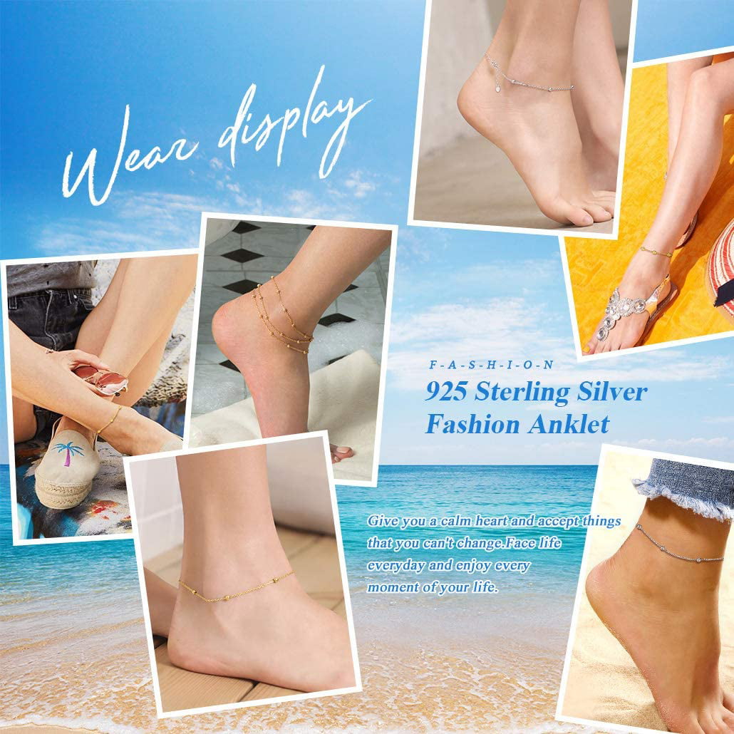 Silvora 925 Silver Chain Beads Anklet for Women Ankle Bracelet Foot Jewelry