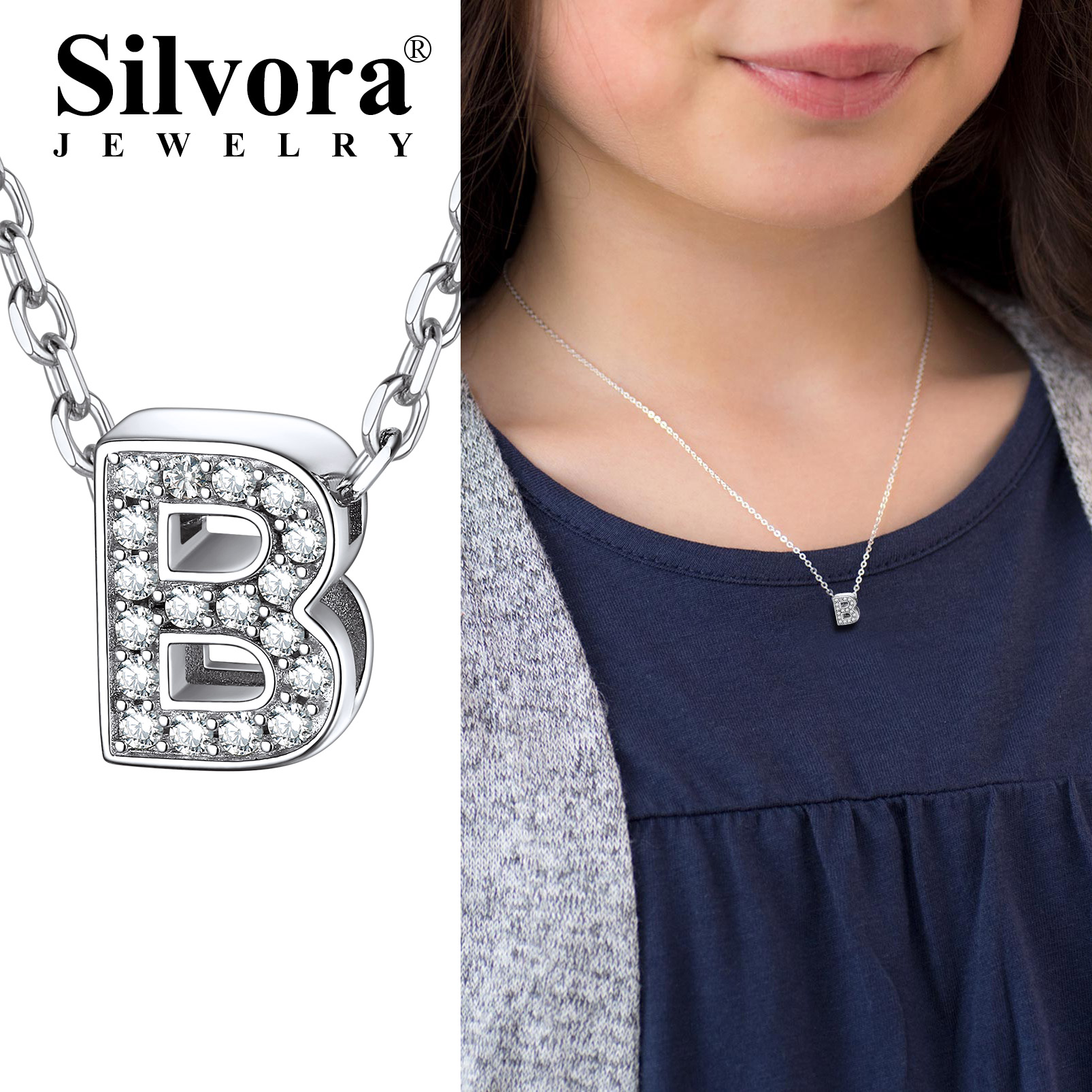 Silvora Women Sterling Silver Initial Necklace with Sparking Cubic Zirconia, Letter A Pendant Necklace for Teen Girls Charm Birthday Jewelry