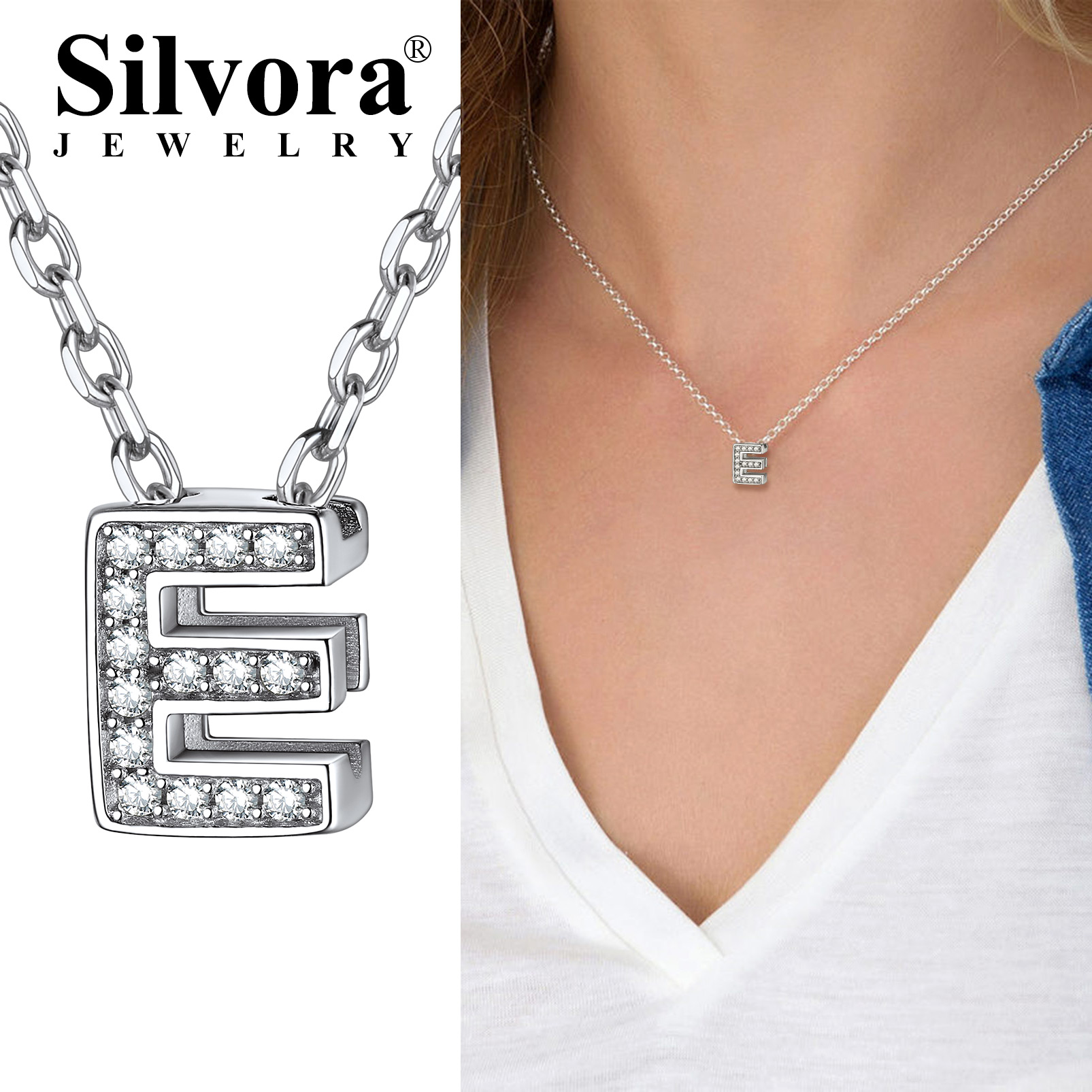 Silvora Women Sterling Silver Initial Necklace with Sparking Cubic Zirconia, Letter A Pendant Necklace for Teen Girls Charm Birthday Jewelry