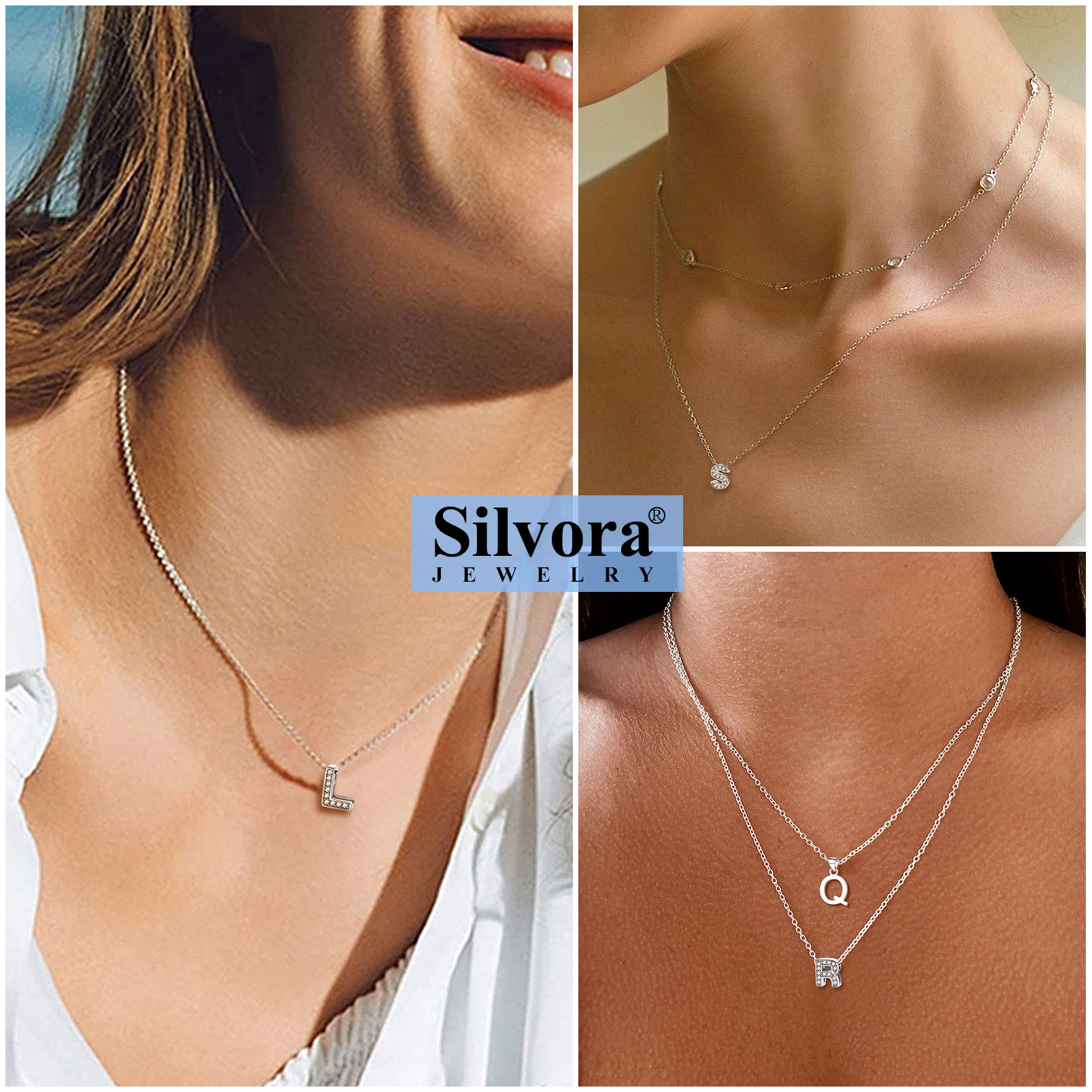 Silvora Women Sterling Silver Initial Necklace with Sparking Cubic Zirconia, Letter A Pendant Necklace for Teen Girls Charm Birthday Jewelry