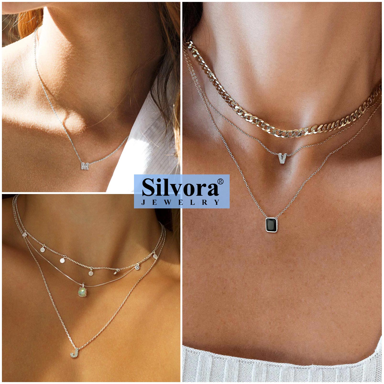 Silvora Women Sterling Silver Initial Necklace with Sparking Cubic Zirconia, Letter A Pendant Necklace for Teen Girls Charm Birthday Jewelry