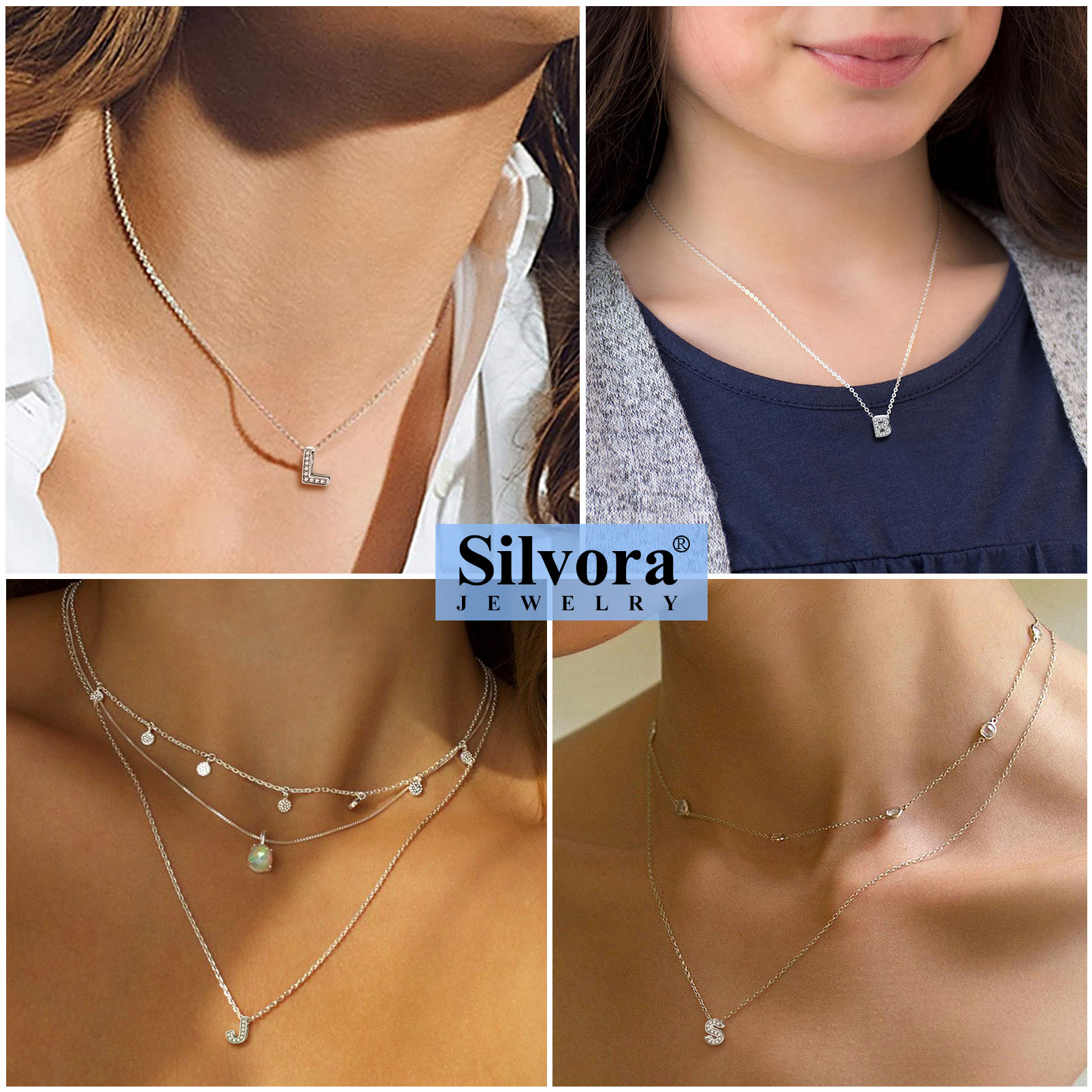 Silvora Women Sterling Silver Initial Necklace with Sparking Cubic Zirconia, Letter A Pendant Necklace for Teen Girls Charm Birthday Jewelry