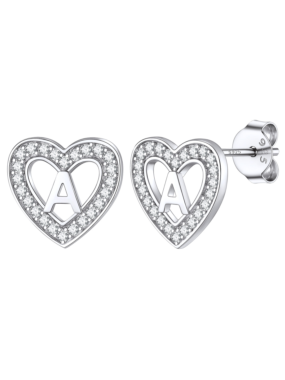 Silvora Initial Heart Stud Earrings for Women Girls Letter A Sterling Silver Earrings with Shiny Cubic Zirconia Birthday Christmas Gift