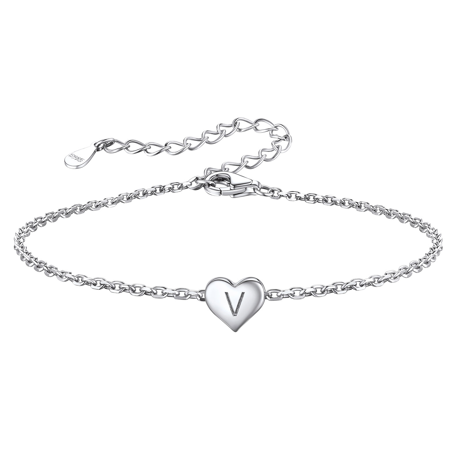 Silvora Initial Heart Bracelet Charms Bracelets 925 Sterling Silver Chain Bracelets for Women Teen Girls - Letter A