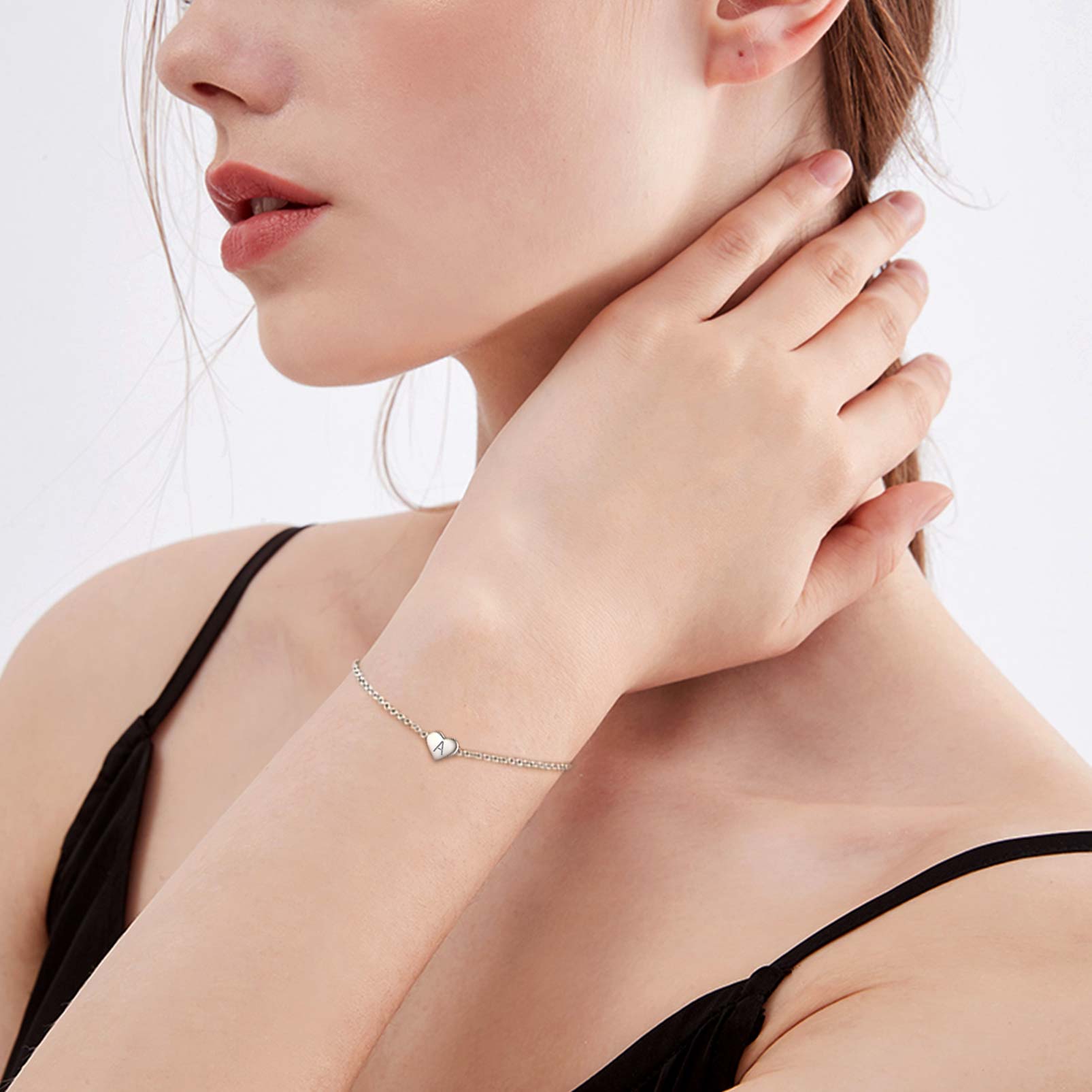 Silvora Initial Heart Bracelet Charms Bracelets 925 Sterling Silver Chain Bracelets for Women Teen Girls - Letter A
