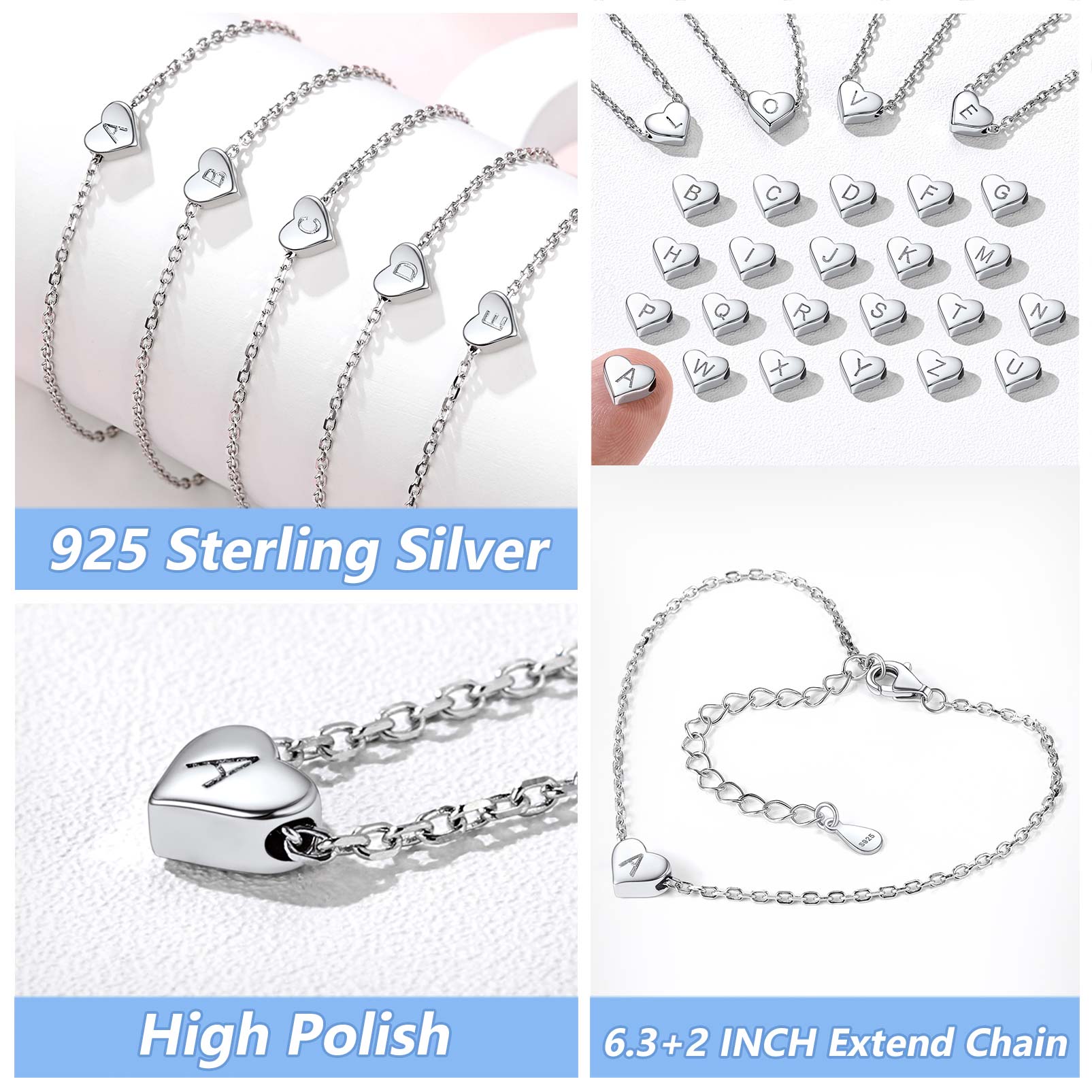 Silvora Initial Heart Bracelet Charms Bracelets 925 Sterling Silver Chain Bracelets for Women Teen Girls - Letter A