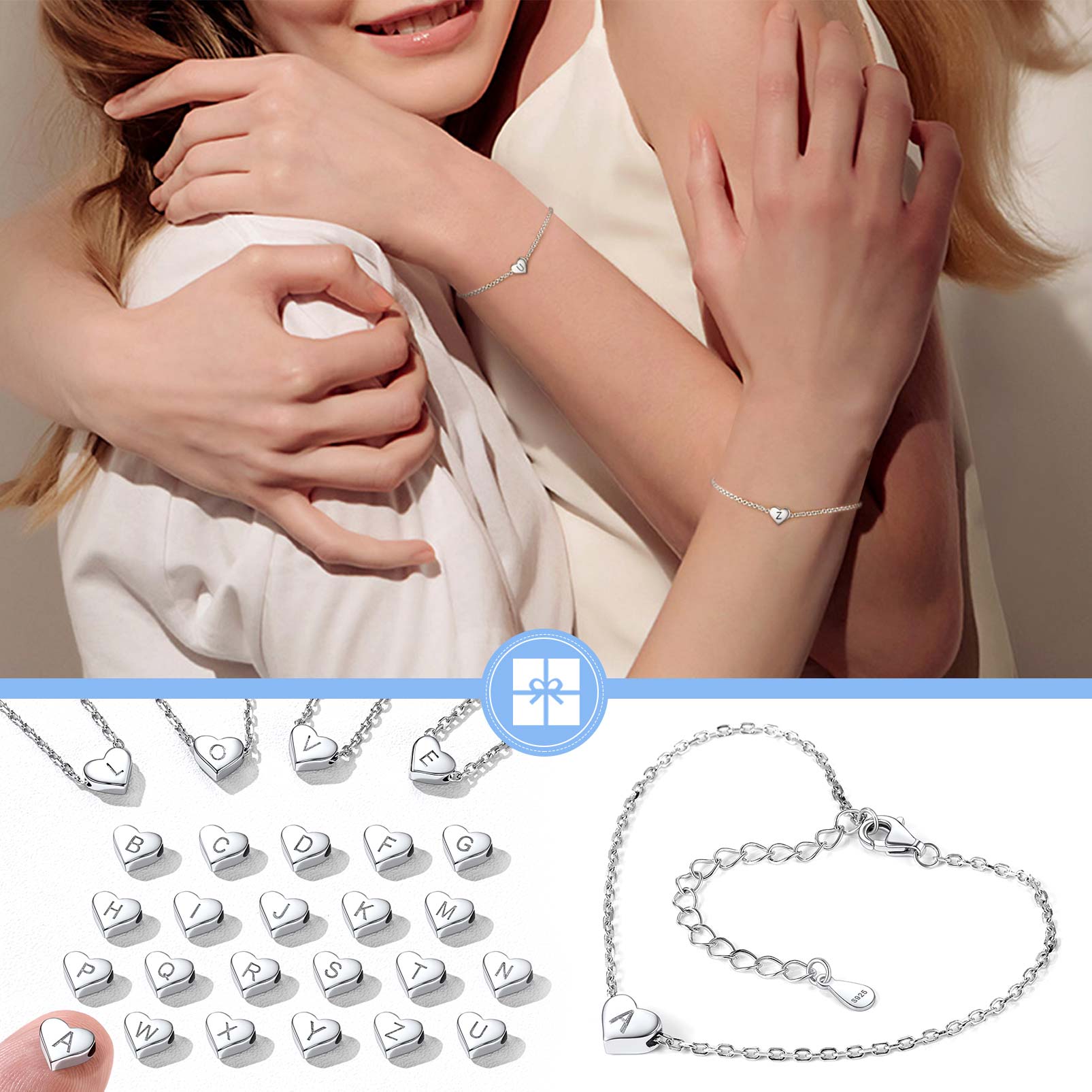 Silvora Initial Heart Bracelet Charms Bracelets 925 Sterling Silver Chain Bracelets for Women Teen Girls - Letter A