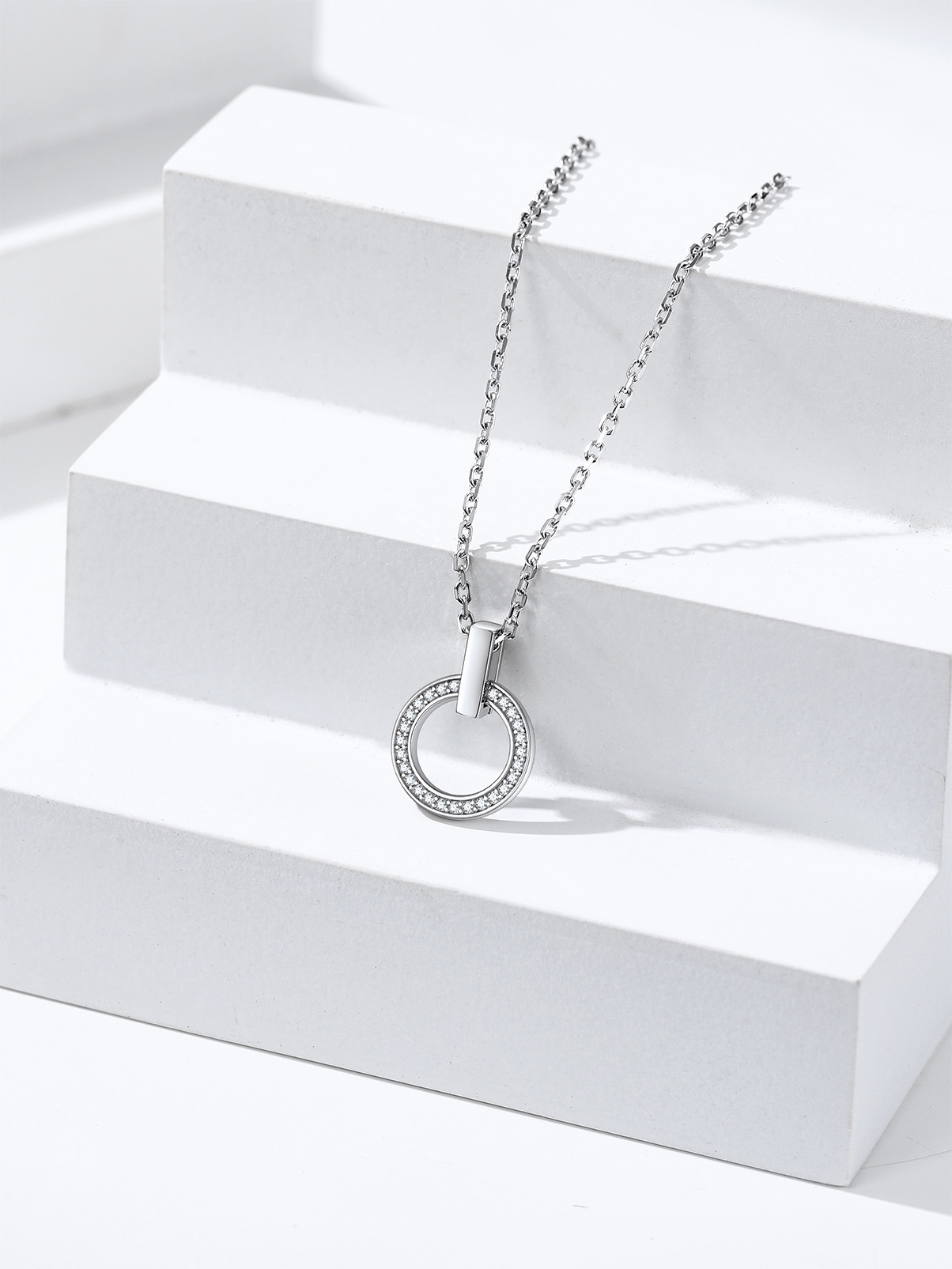 Silvora Women Round Sterling Silver Necklace with Cubic Zirconia, Circle Halo Pendant Necklace Layering Necklace Birthday Christmas Gift