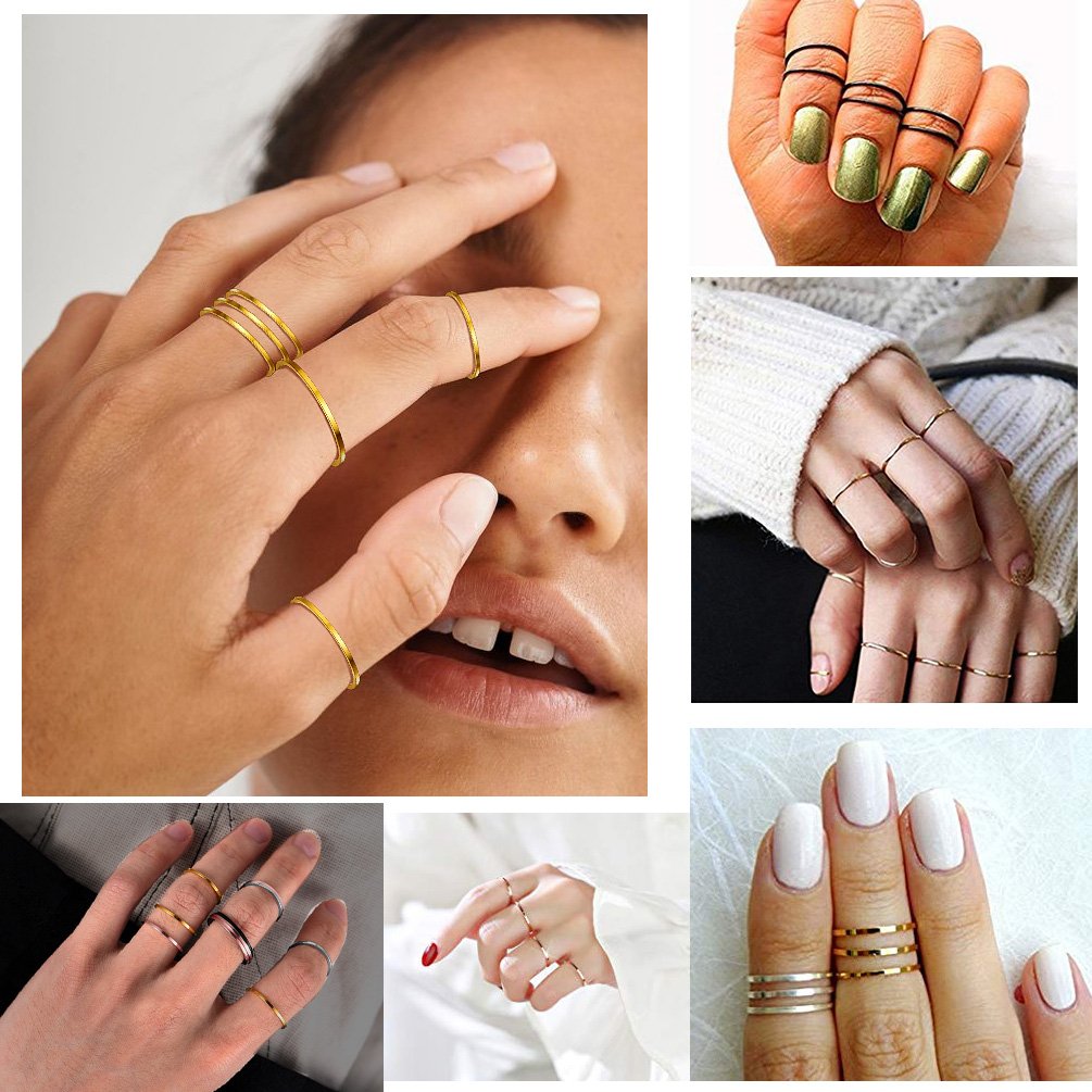 PROSTEEL Stainless Steel Band Rings Wedding Simple Stackable Knuckle 7 Pcs Set Silver/Black/Rose Gold Ring Size 4-10 for Women