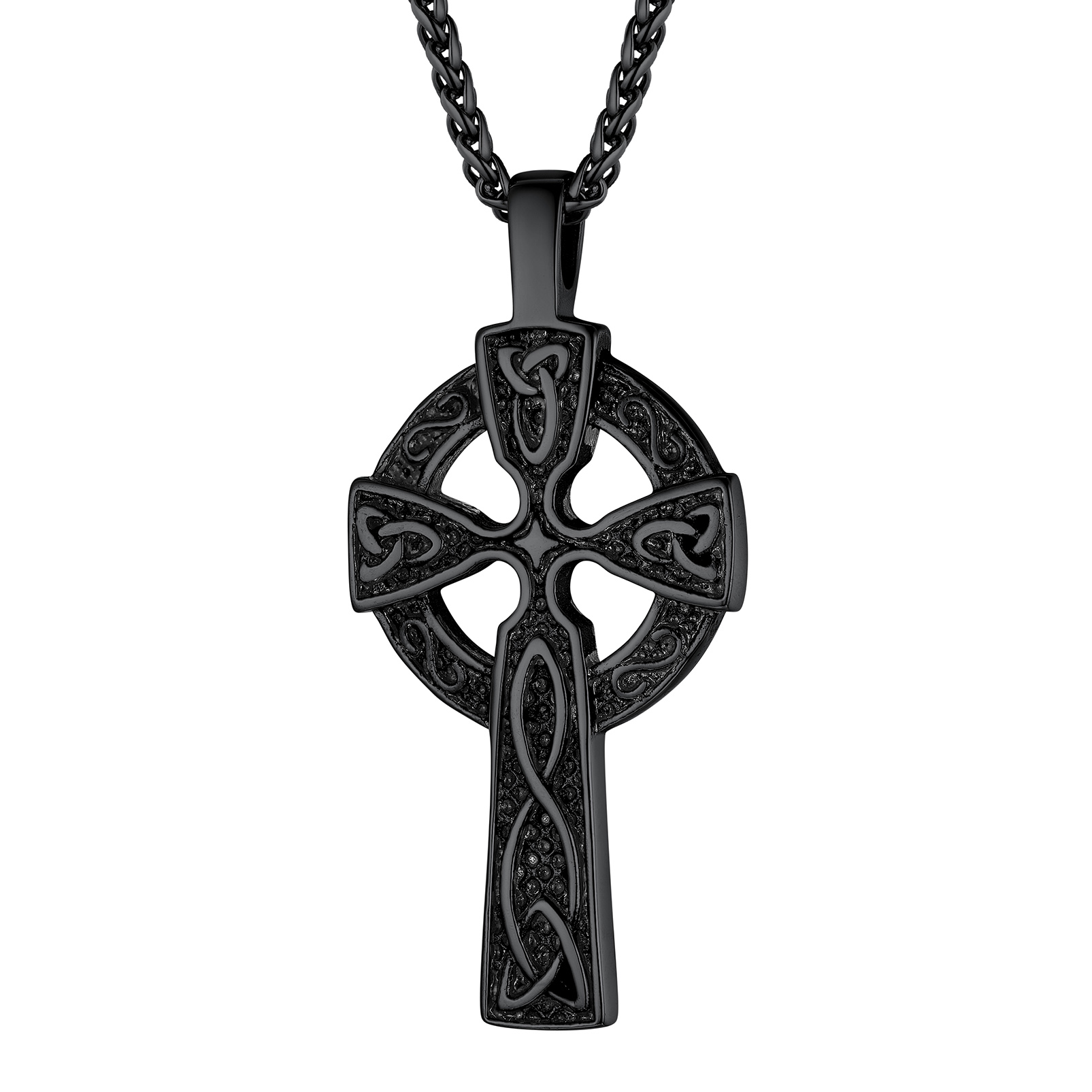 PROSTEEL Irish Celtic Knot Cross Pendant For Men Silver/Black Chain Viking Scottish Necklace