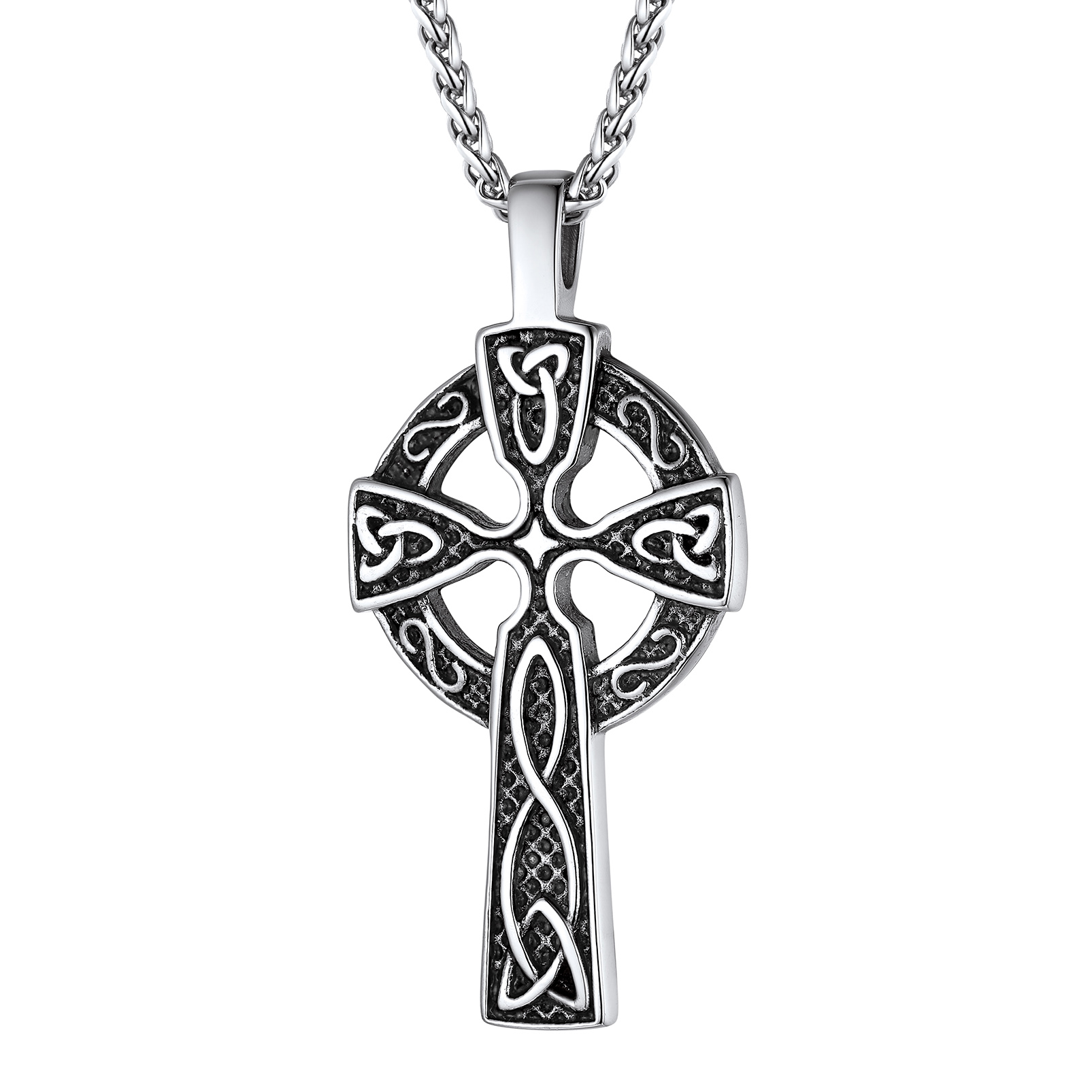 PROSTEEL Irish Celtic Knot Cross Pendant For Men Silver/Black Chain Viking Scottish Necklace
