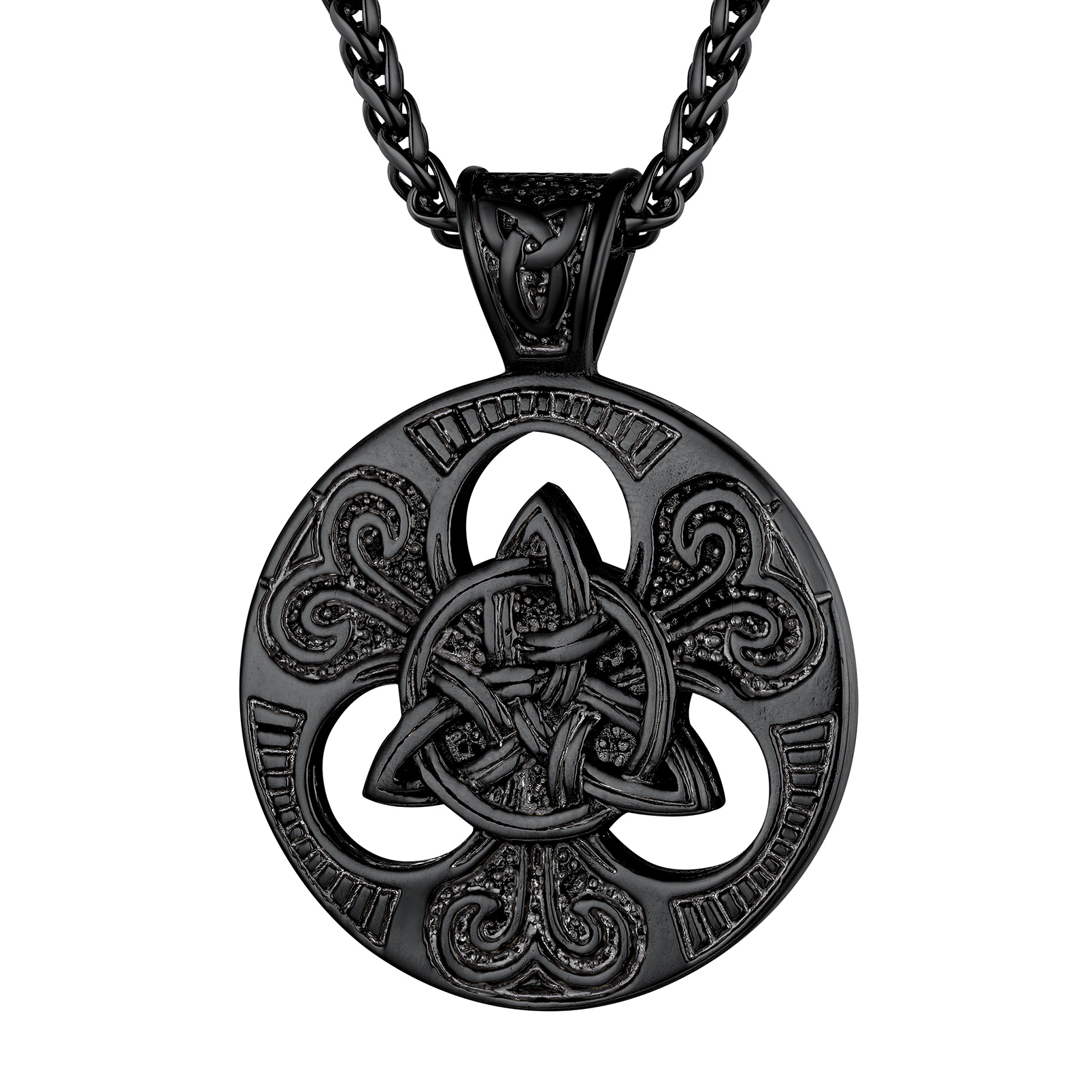 PROSTEEL Stainless Steel Big Triquetra Medallion Celtic Knot Irish Black/Silver Color Wheat Chain Necklace