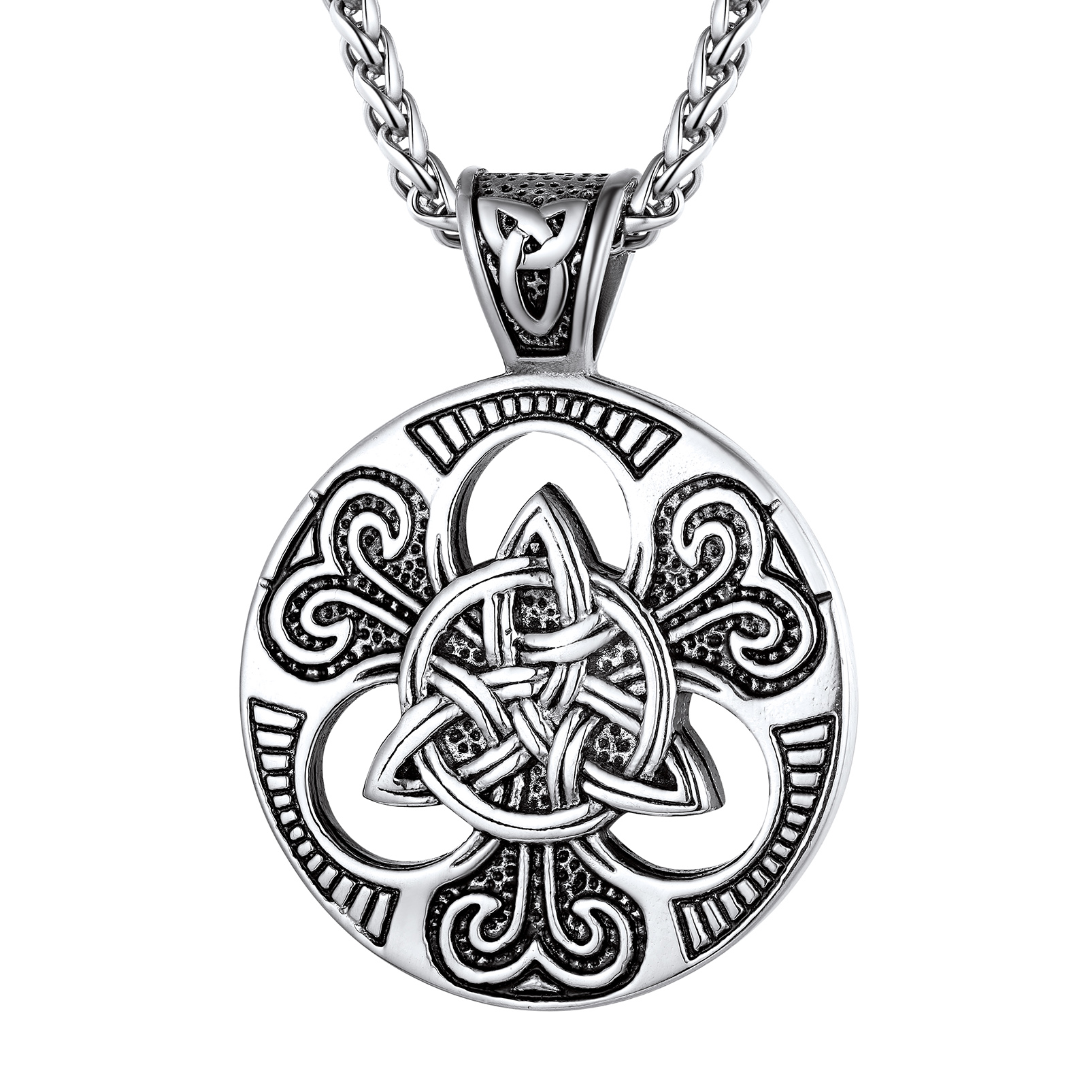 PROSTEEL Stainless Steel Big Triquetra Medallion Celtic Knot Irish Black/Silver Color Wheat Chain Necklace