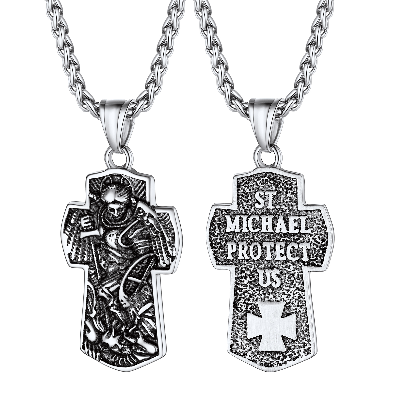 PROSTEEL St. Michael The Archangel Big Cross Pendant Chain 22 inch Stainless Steel Spiritual Necklace for Men