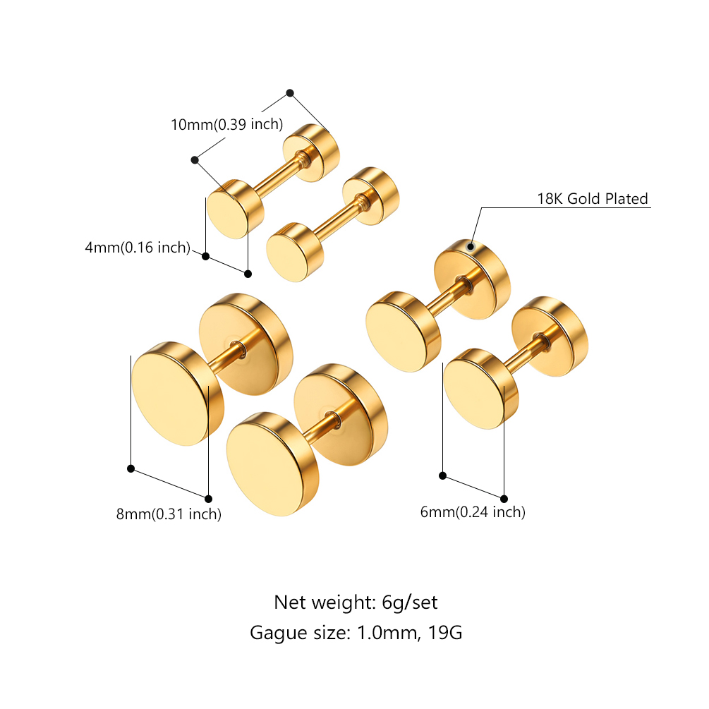 PROSTEEL Stud Earrings Set for Men Women Flat 18K Gold Plated Round Studs Hypoallergenic