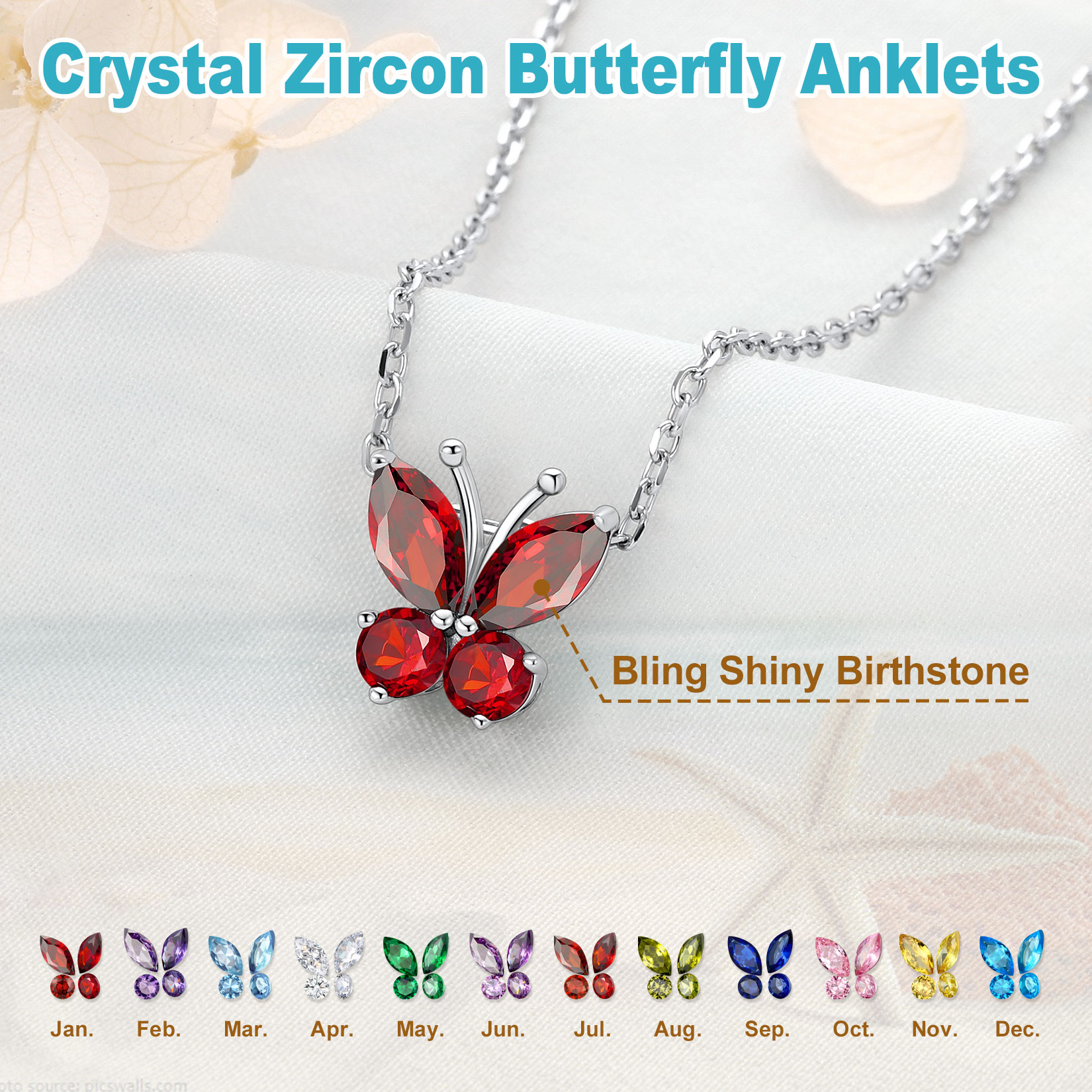 U7 Sterling Silver Butterfly Anklets for Women Girls Summer Beach Anklet S925 Foot Bracelet with Birthstone Birthday Mothers Day Jewelry Gift