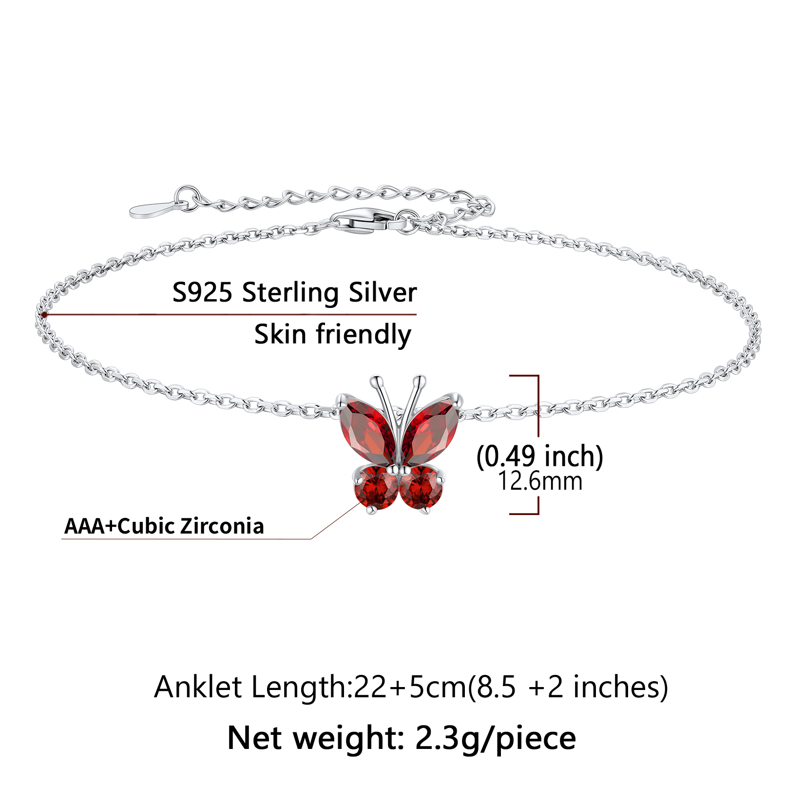 U7 Sterling Silver Butterfly Anklets for Women Girls Summer Beach Anklet S925 Foot Bracelet with Birthstone Birthday Mothers Day Jewelry Gift