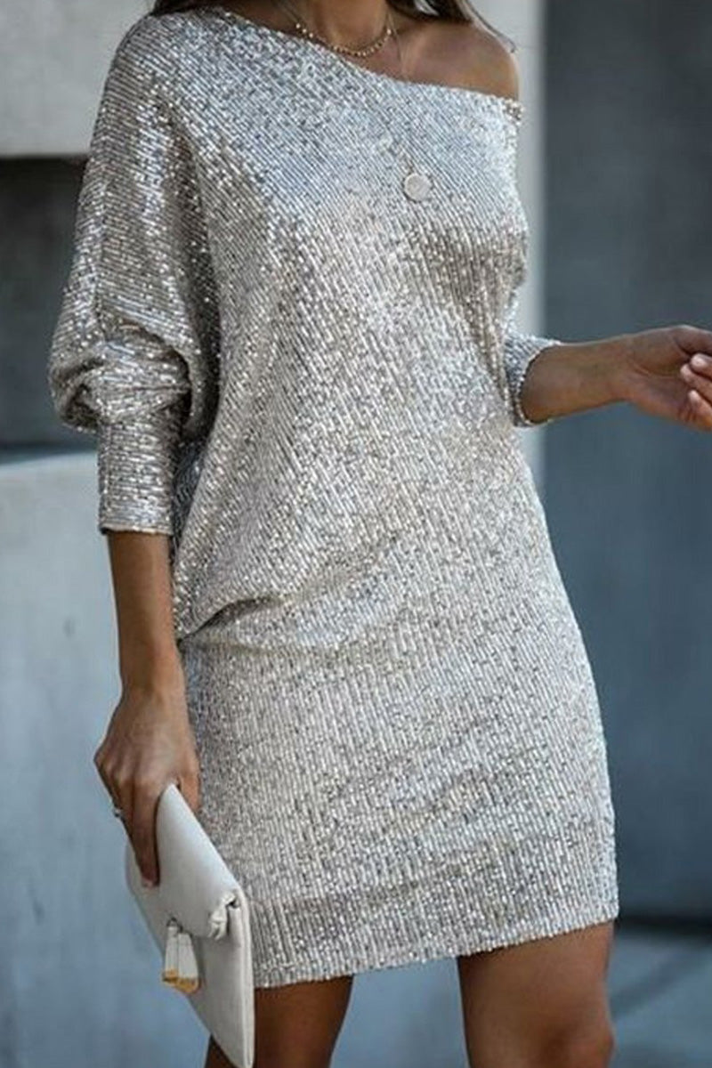 Laceing Short Long-Sleeved Solid Color One-Shoulder Casual White Dress