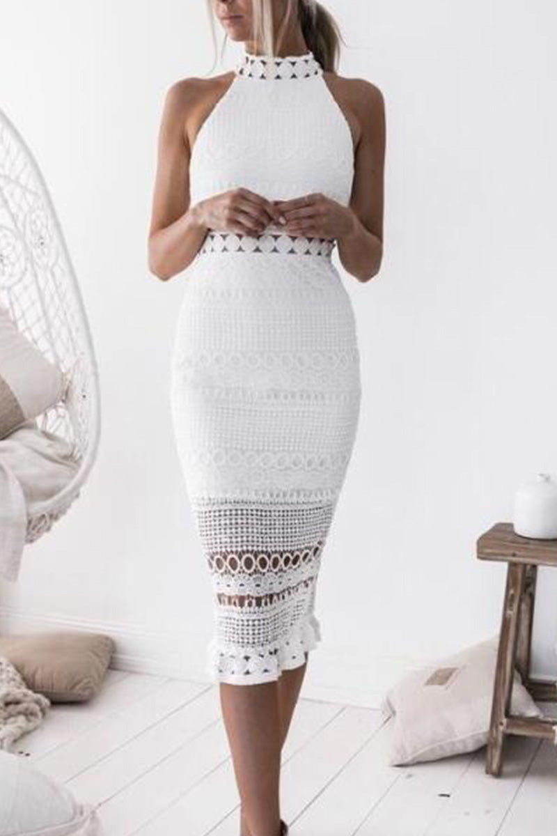 Laceing Sleeveless Sexy Medium Length White Lace Dress