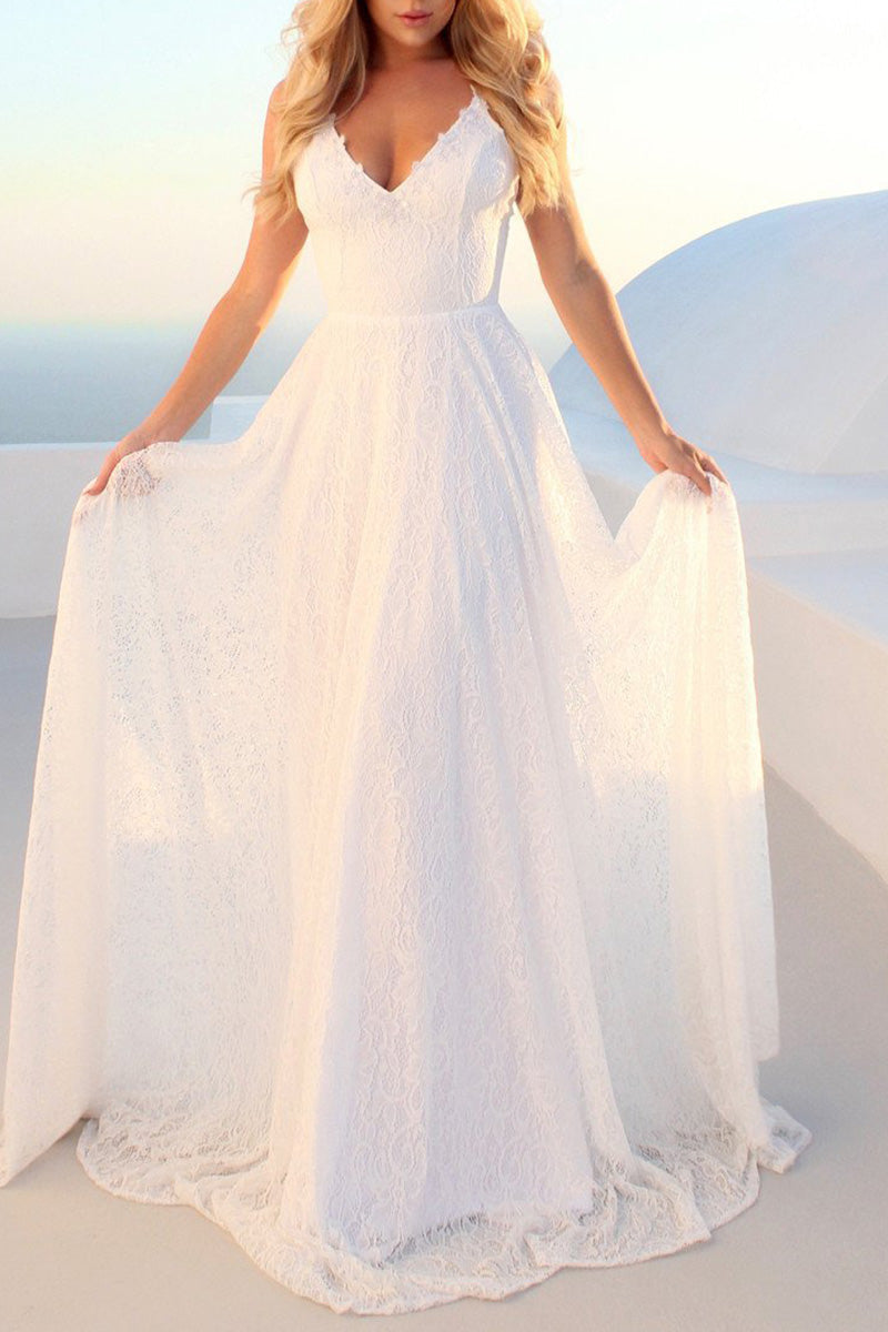 Laceing Sexy V-neck Sling Lace Elegant Beach Wedding Dresses