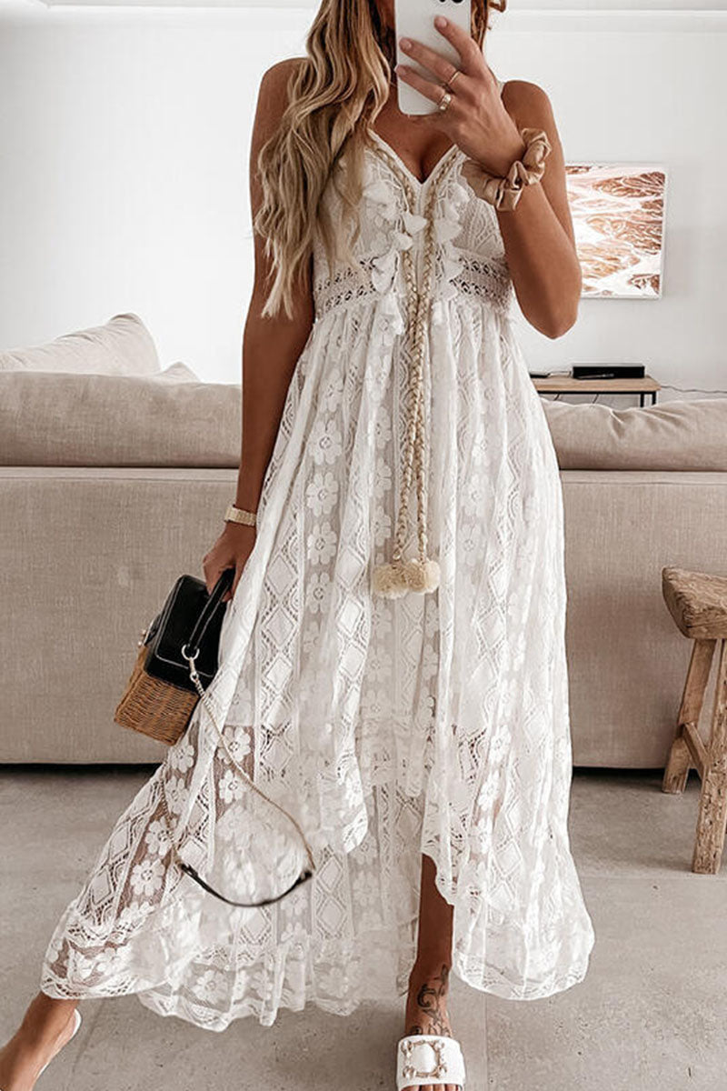 Laceing White Irregular Lace Maxi Dress With Thin Straps