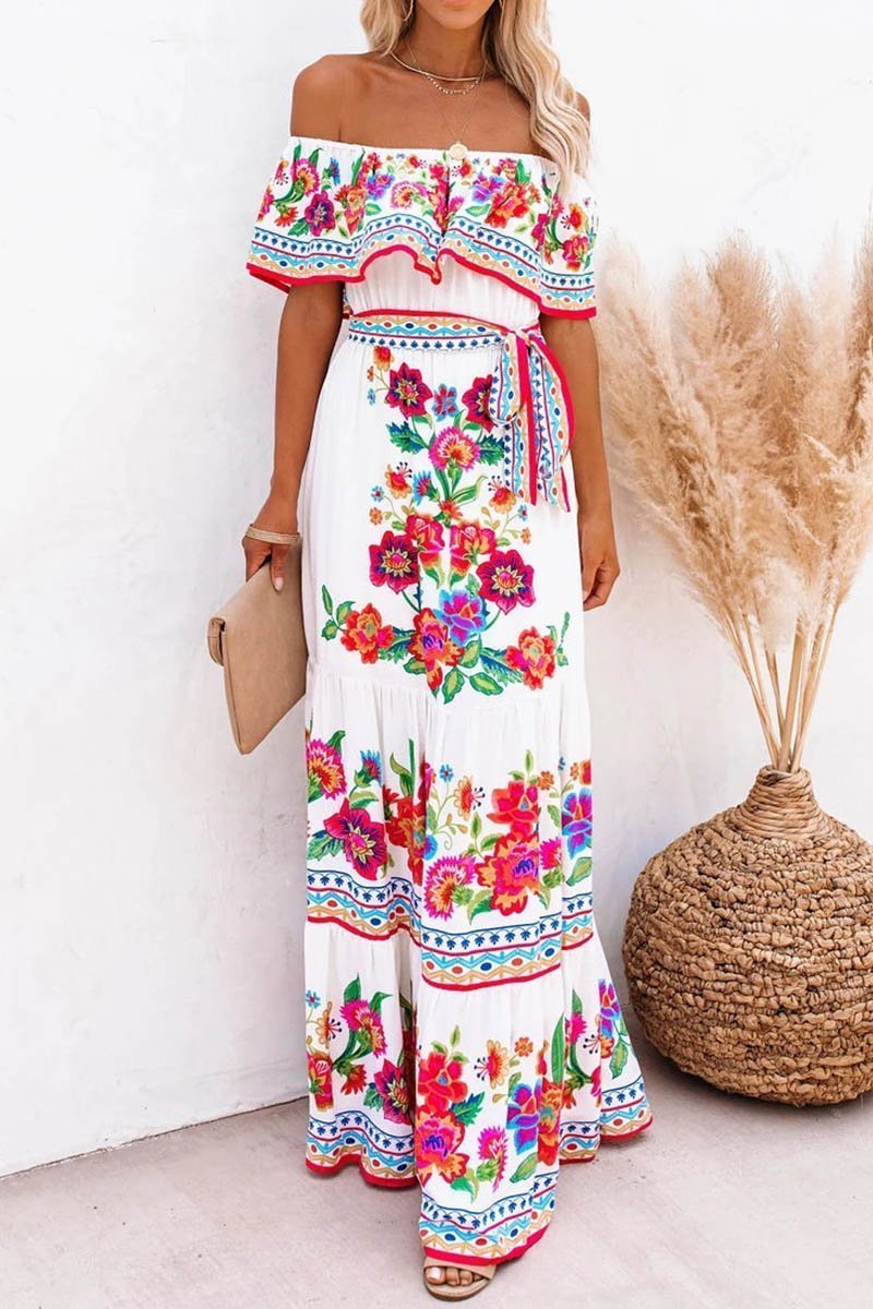 Laceing Floral Off-The-Shoulder Maxi Dress