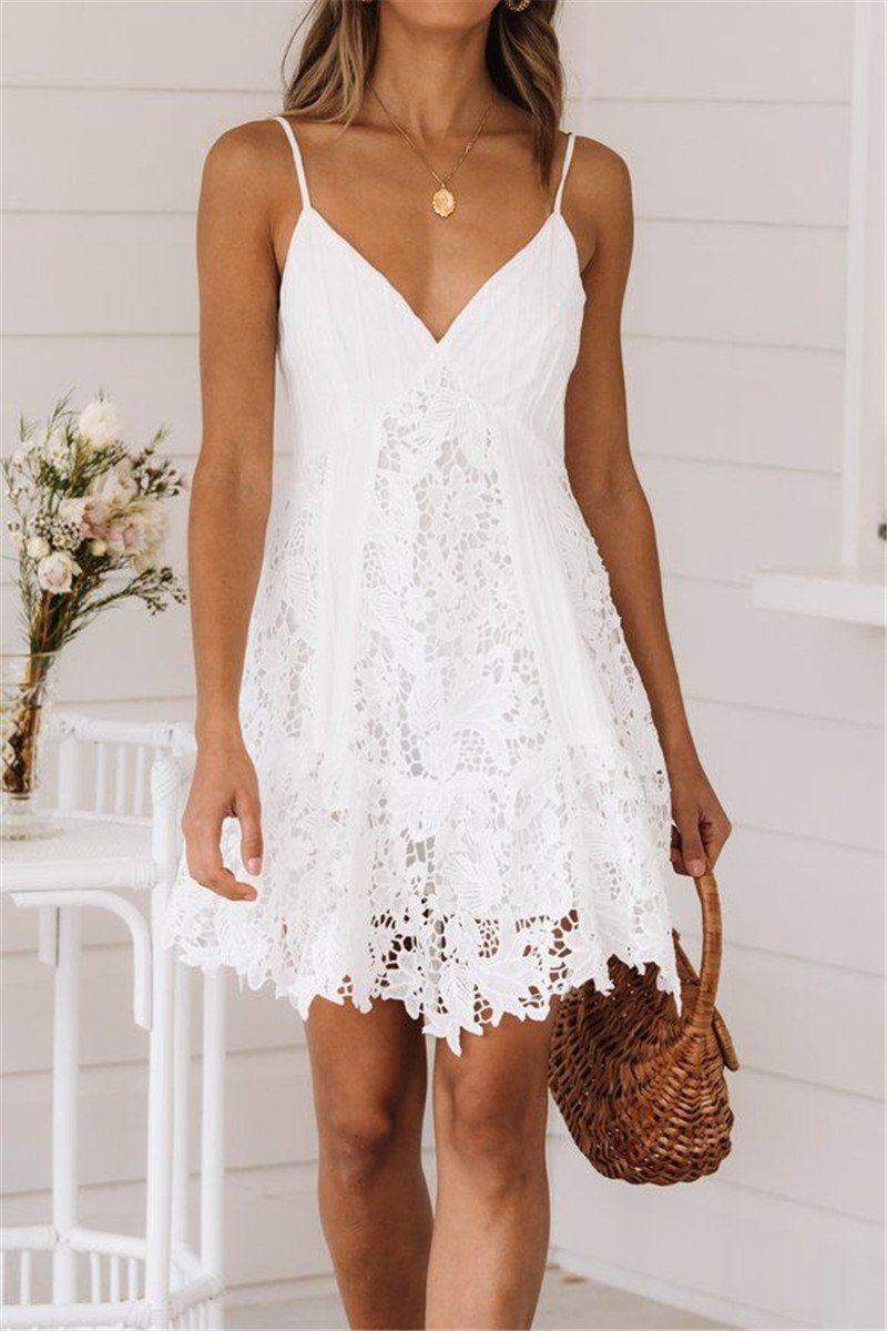 Laceing Boho V Neck Backless and Sling Lace Stitching Dress