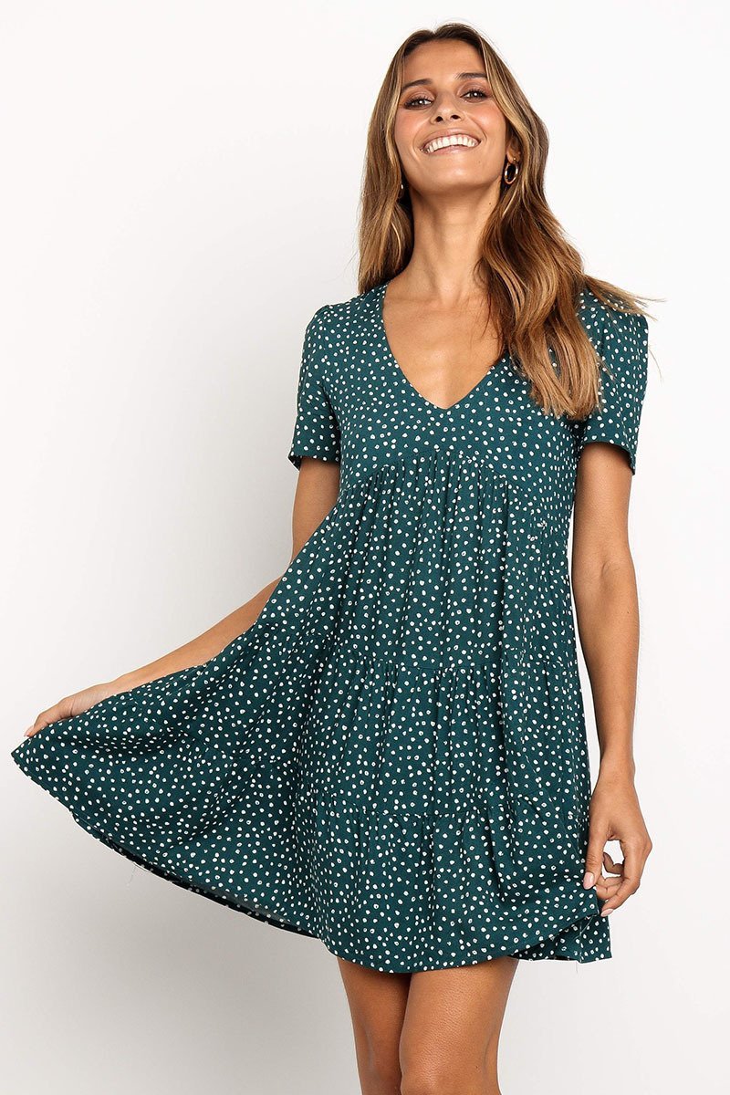 Laceing Printed V-Neck Short-Sleeved A-Line Loose Casual Dress