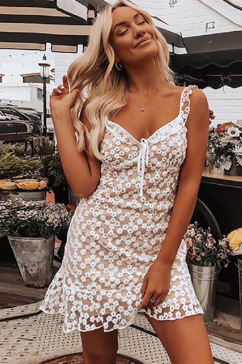 Laceing Floral Embroidered Mini Dress