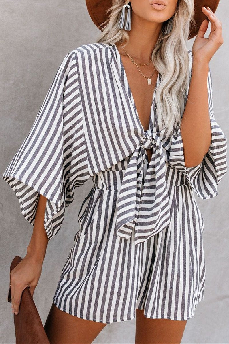 Laceing Striped V-neck High Waist Romper