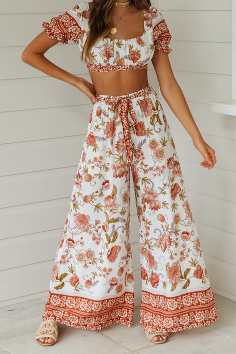 Laceing Two-Piece Summer Casual Printed Slim Top Long Wide-Leg Pants