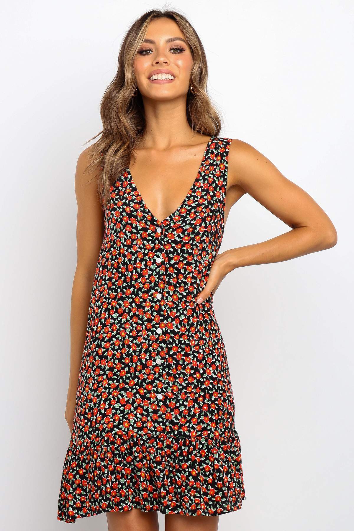 Laceing Sexy Deep V Sleeveless Button-print Dress
