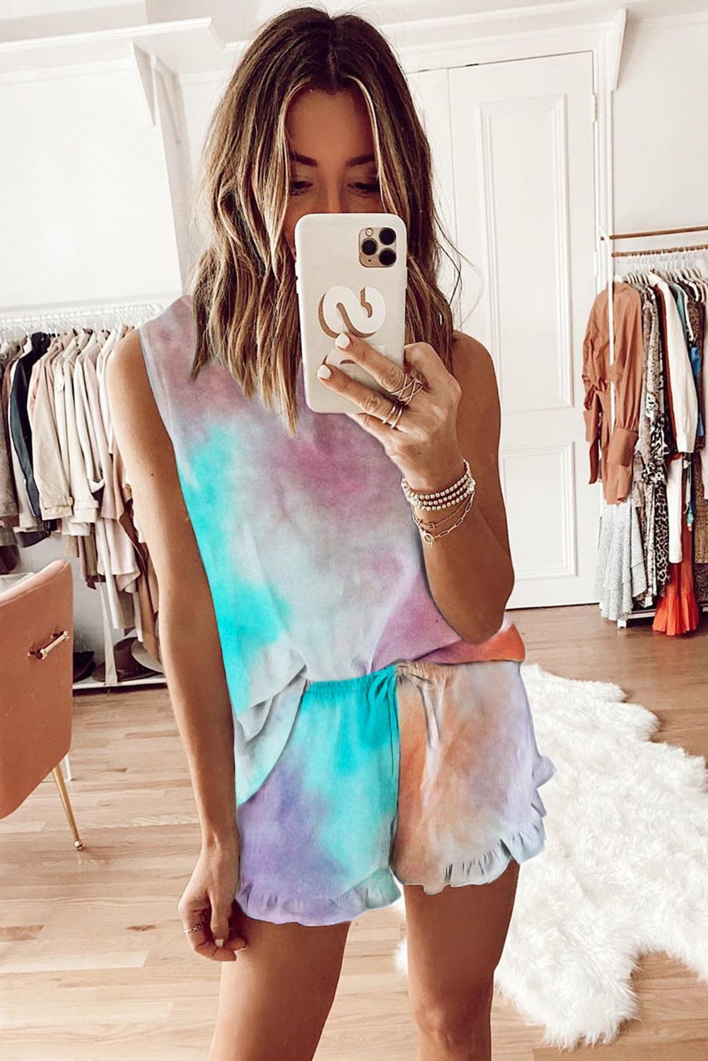 Laceing Tie Dye Drawstring Waist Two Pieces Set