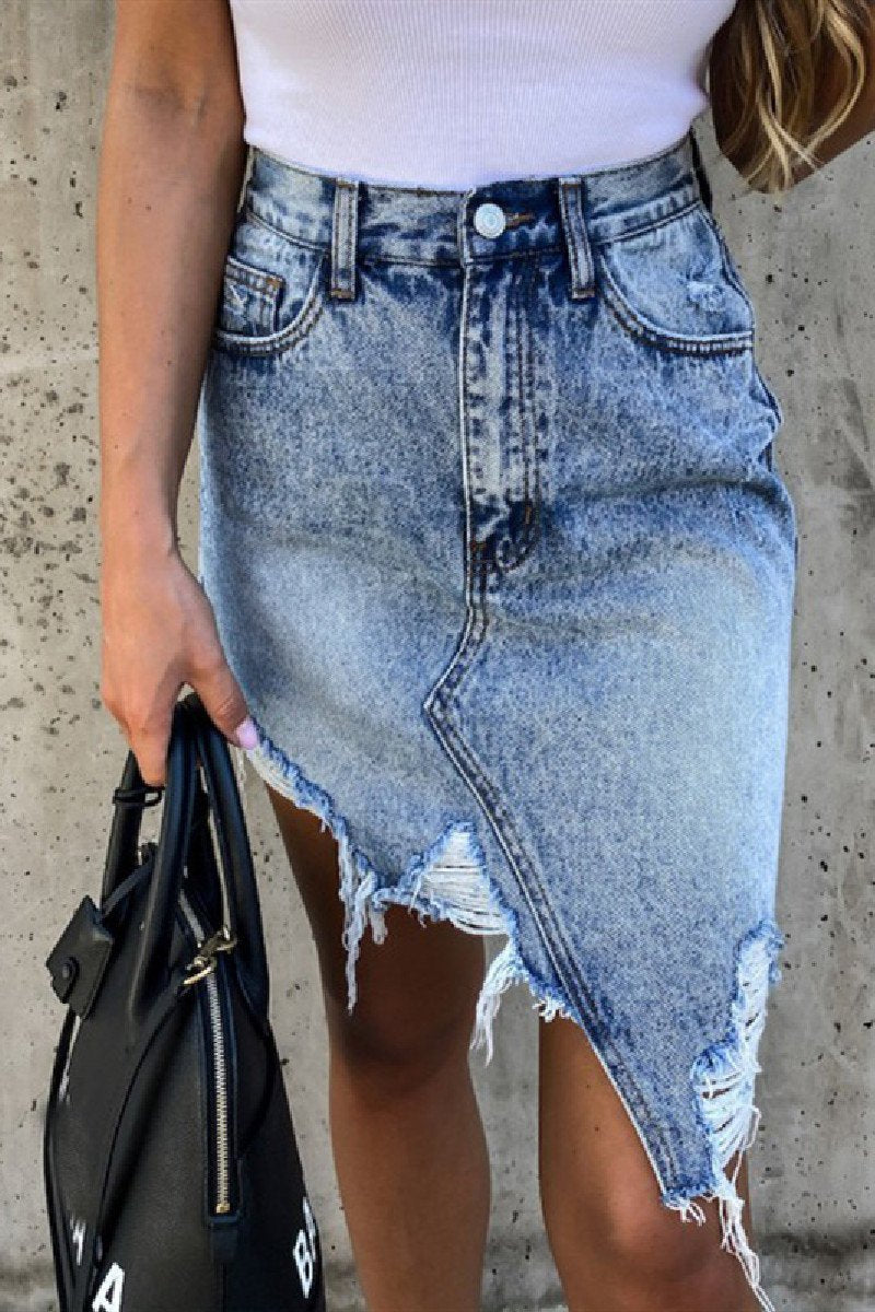Laceing Buttons Ripped Destroyed Denim Skirt