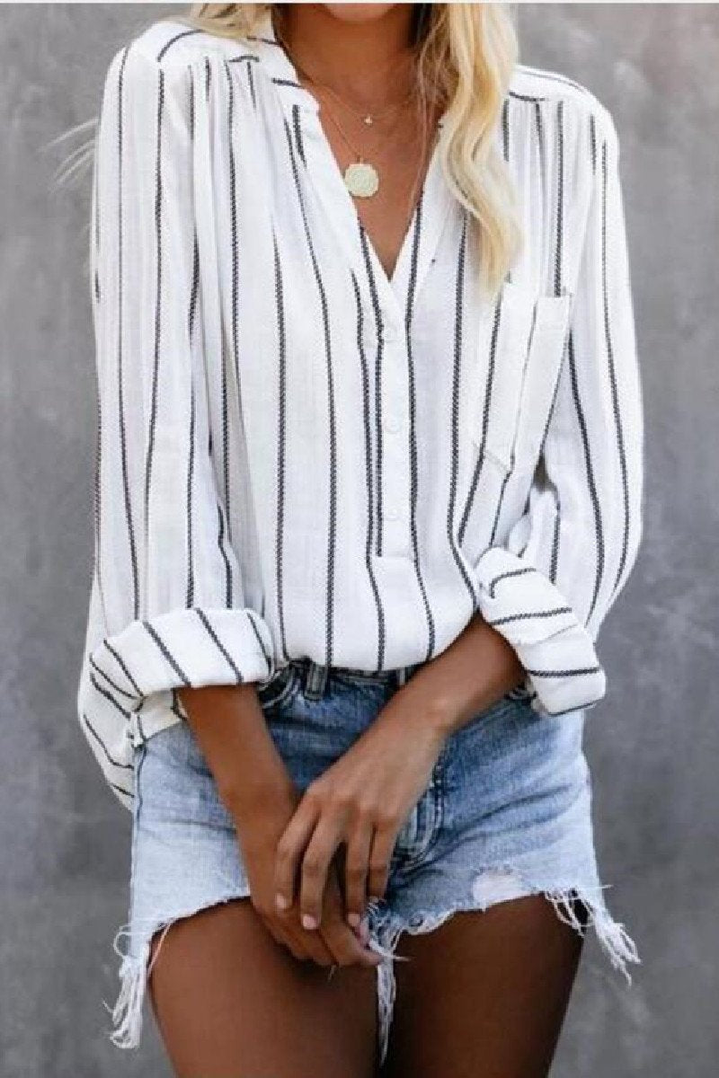 Laceing Striped Half-placket V-neck Long-sleeved Blouse