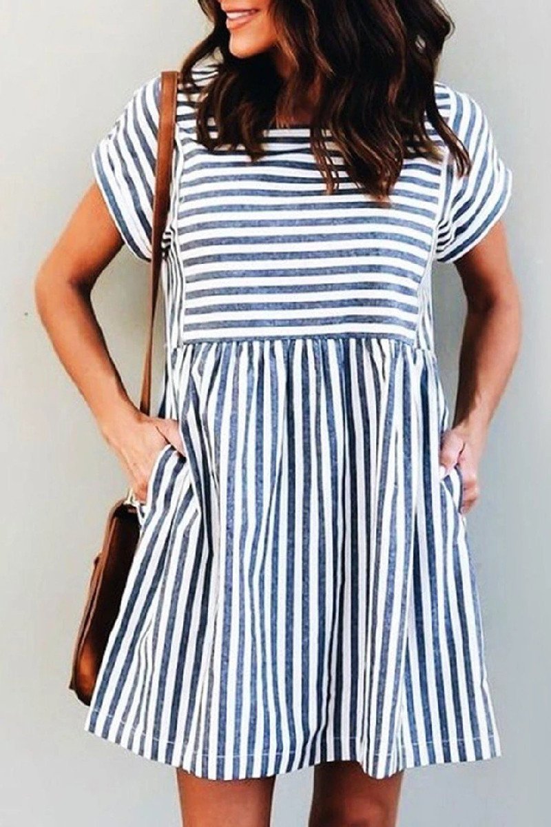Laceing Square Collar Short Sleeve Striped Dress