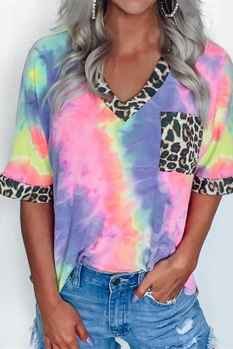 Laceing Tie Dye Leopard Splicing Pocket T-Shirt